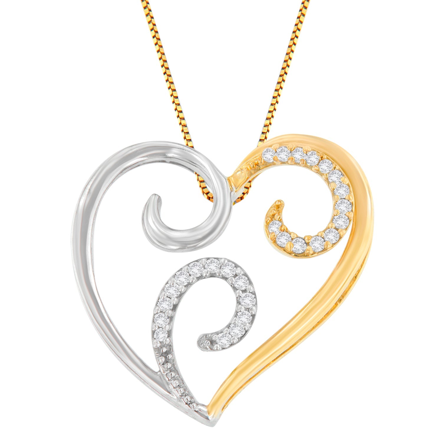 10K Two-Toned Gold 1/10 cttw Round Cut Diamond Swirl Heart Accent Pendant Necklace (H-I, I1-I2) - Friggin Jewelry