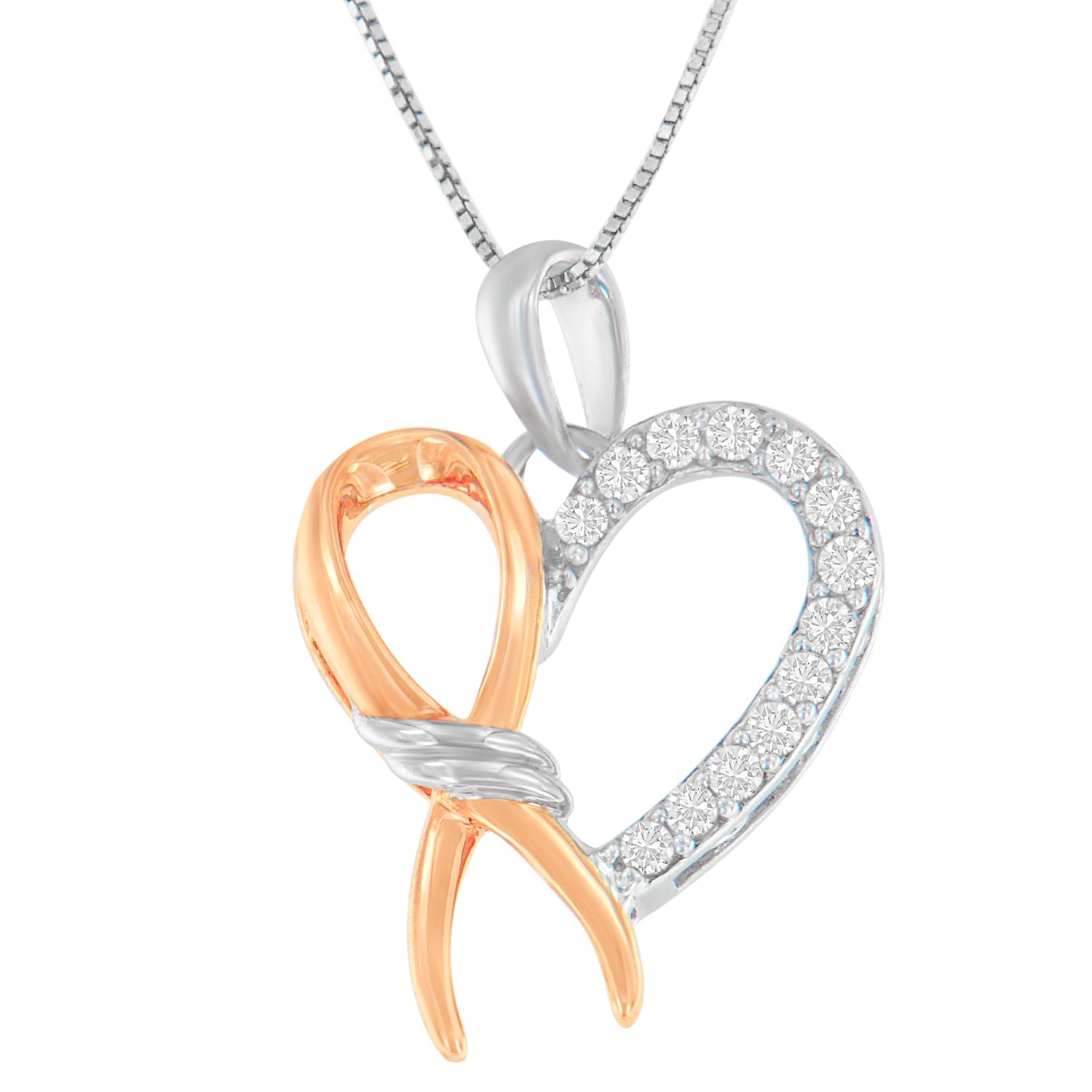 Two-Toned .925 Sterling Silver 1/5 cttw Round Cut Diamond Ribbon Heart Accent Pendant Necklace (H-I, I2-I3) - Friggin Jewelry