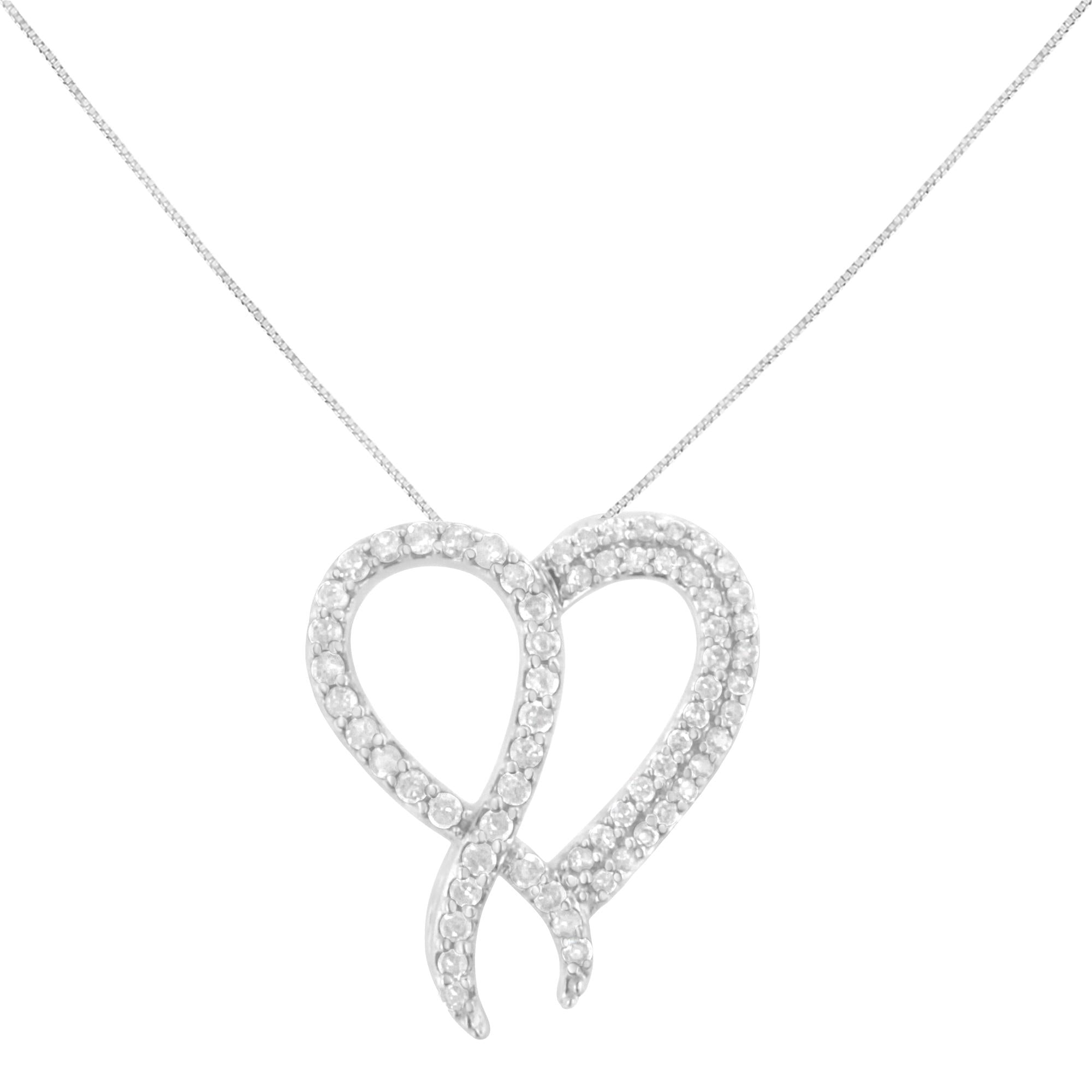 .925 Sterling Silver 1 cttw Diamond Heart and Ribbon 18" Pendant Necklace (I-J Clarity, I2-I3 Color) - 18" - Friggin Jewelry