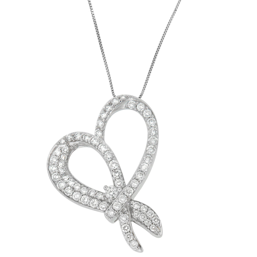 10K White Gold 1 cttw Round Cut Diamond Heart and Bow Pendant Necklace (G-H, SI1-SI2) - Friggin Jewelry Premium