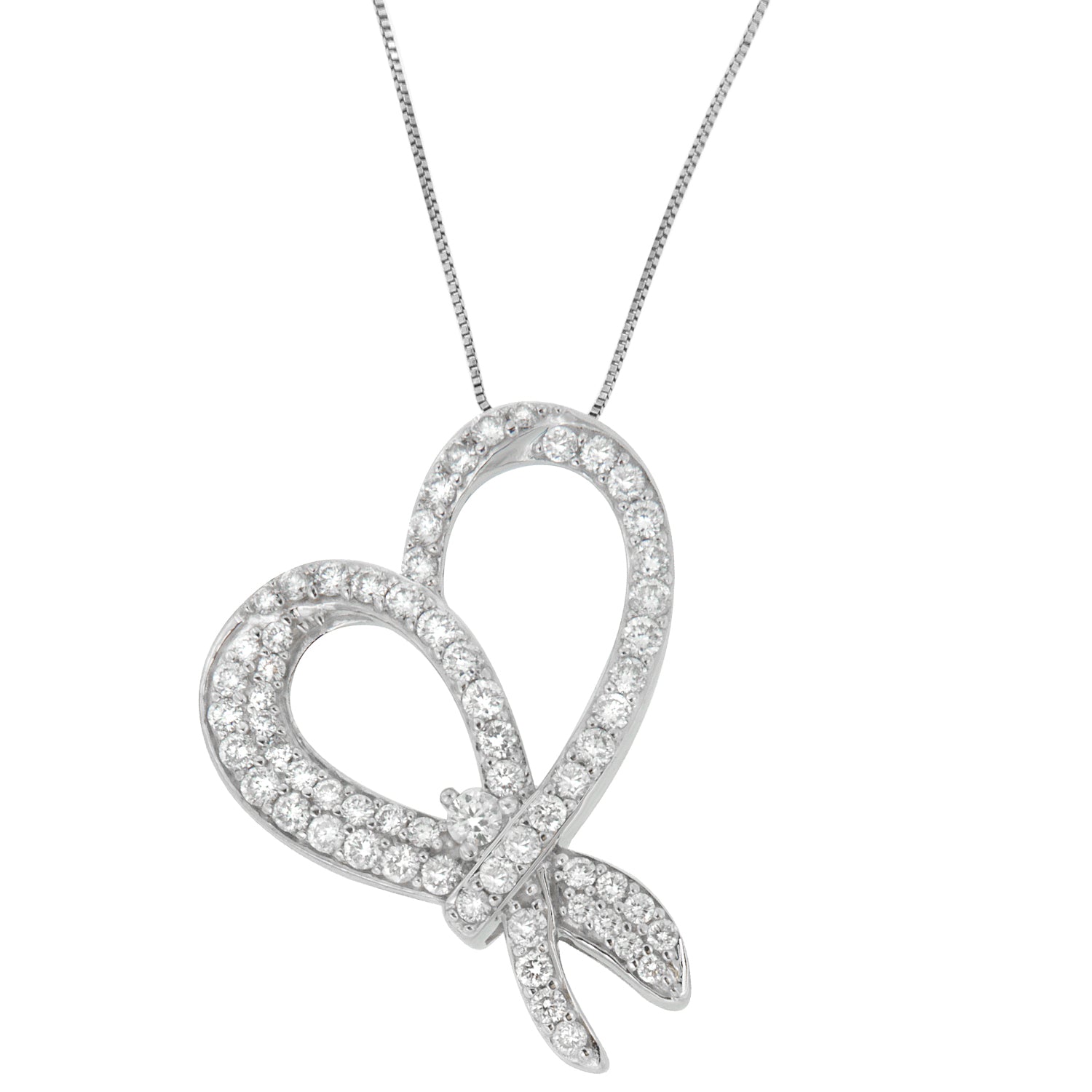 10K White Gold 1 cttw Round Cut Diamond Heart and Bow Pendant Necklace (G-H, SI1-SI2) - Friggin Jewelry