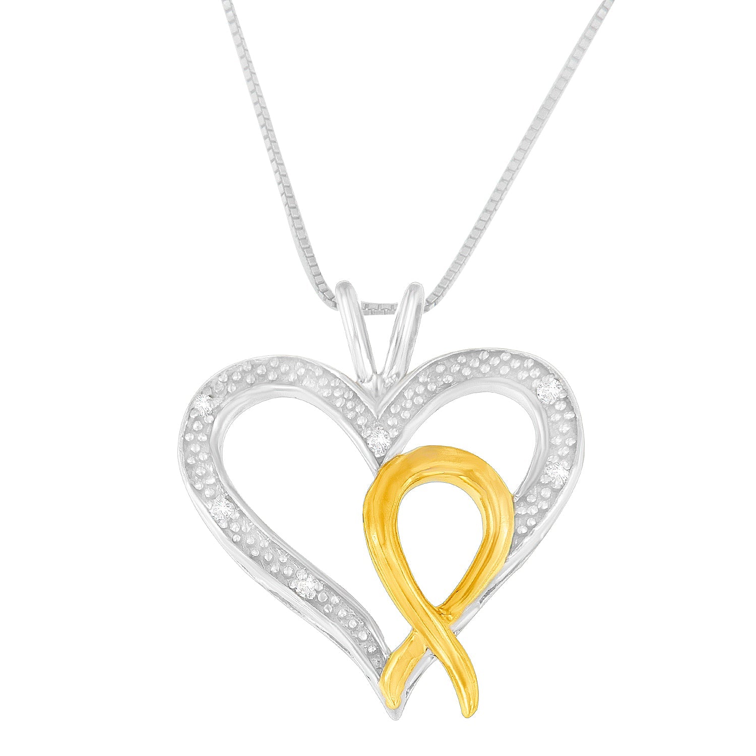.925 Sterling Silver Two Toned 1/25 cttw Diamond Heart-Ribbon Pendant Necklace (I-J, I2-I3) - Friggin Jewelry