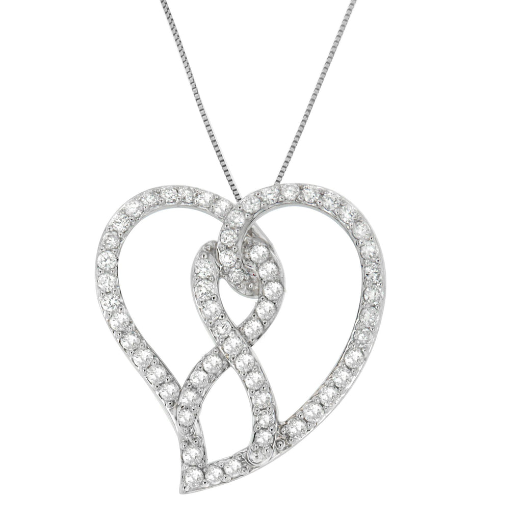 Collar con colgante de 45 cm en oro blanco de 14 quilates con diamantes blancos de 1,0 quilates y corazón abierto (color HI, claridad I1-I2) - Cinta de diamantes blancos - Friggin Jewelry