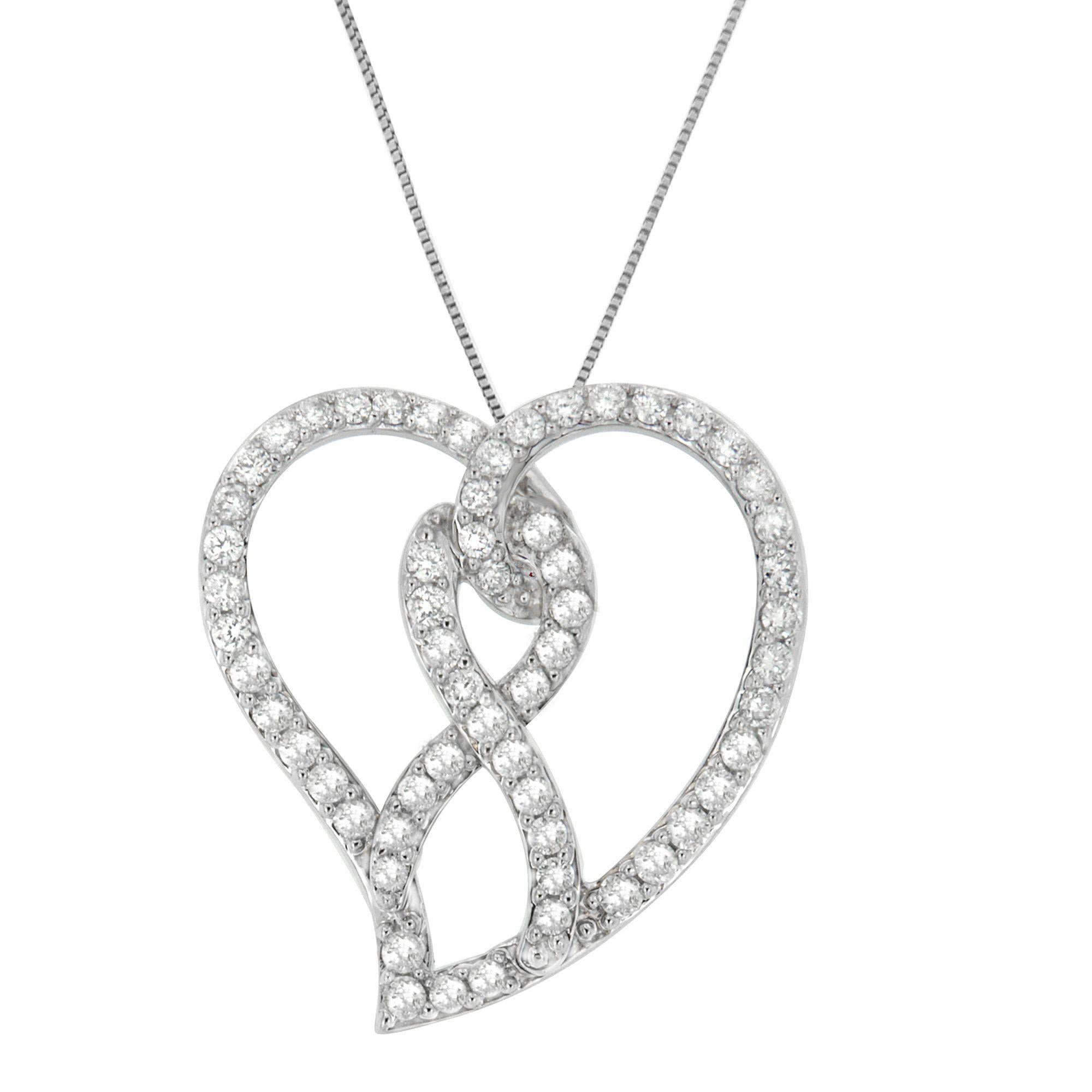 14K White Gold 1.0 Cttw White Diamond Awareness Ribbon & Open Heart 18" Pendant Necklace (H-I Color, I1-I2 Clarity) - White Diamond Ribbon - Friggin Jewelry