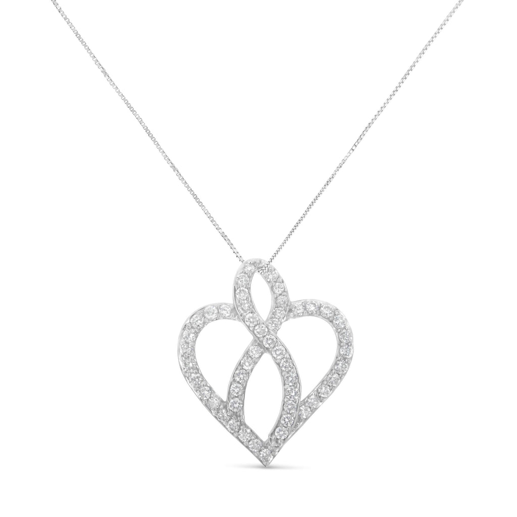 14KT White Gold 1 cttw Diamond Heart Ribbon Pendant Necklace (H-I, I1-I2) - Friggin Jewelry Premium