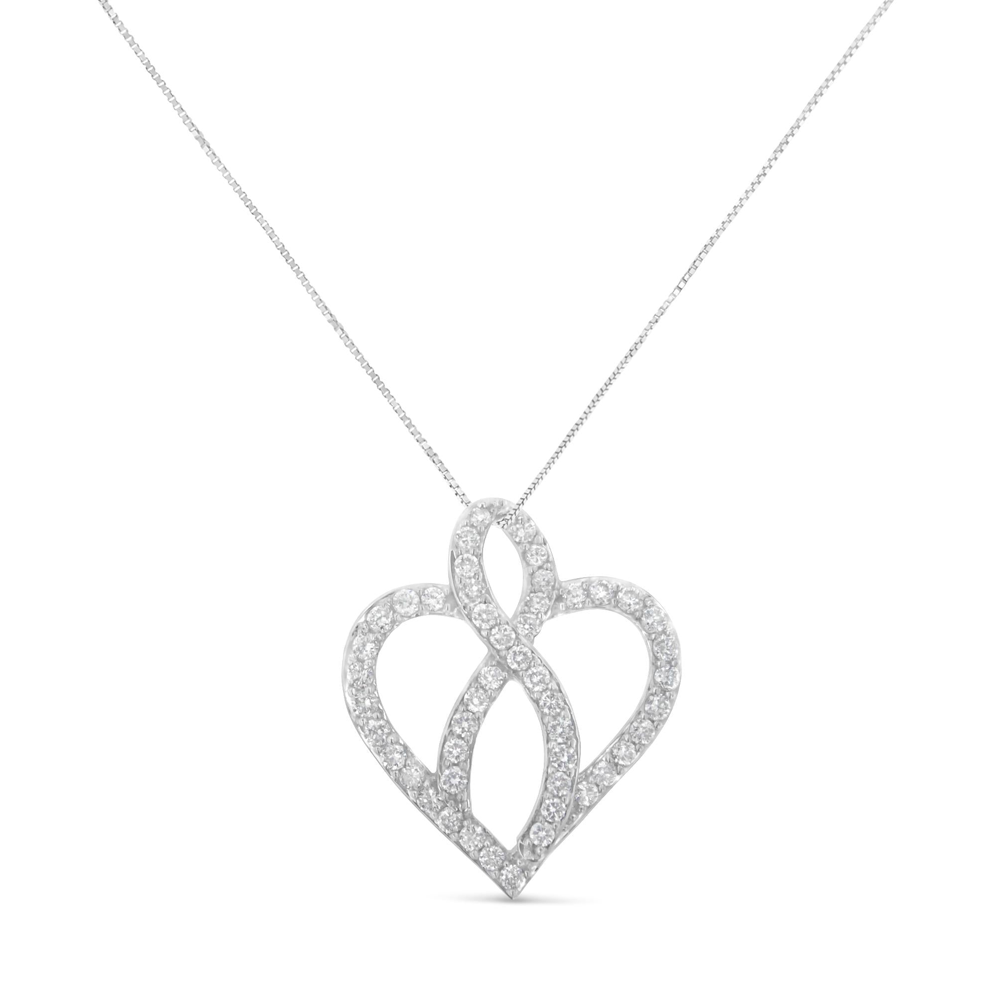 14KT White Gold 1 cttw Diamond Heart Ribbon Pendant Necklace (H-I, I1-I2) - Friggin Jewelry Premium