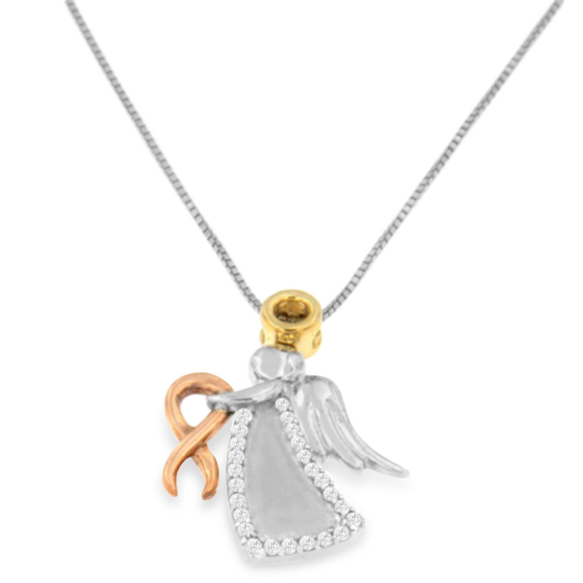 10K Tri-Color Gold Diamond-Accented Angel Awareness Ribbon Pendant Necklace (H-I Color, I1-I2 Clarity) - Friggin Jewelry
