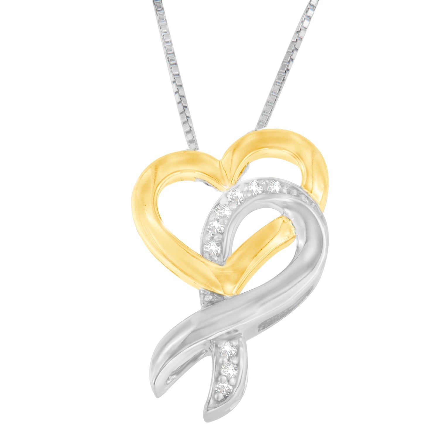10K Yellow Gold and .925 Sterling Silver 1/20 cttw Diamond Ribbon-Heart Pendant Necklace (H-I, I1-I2) - Friggin Jewelry