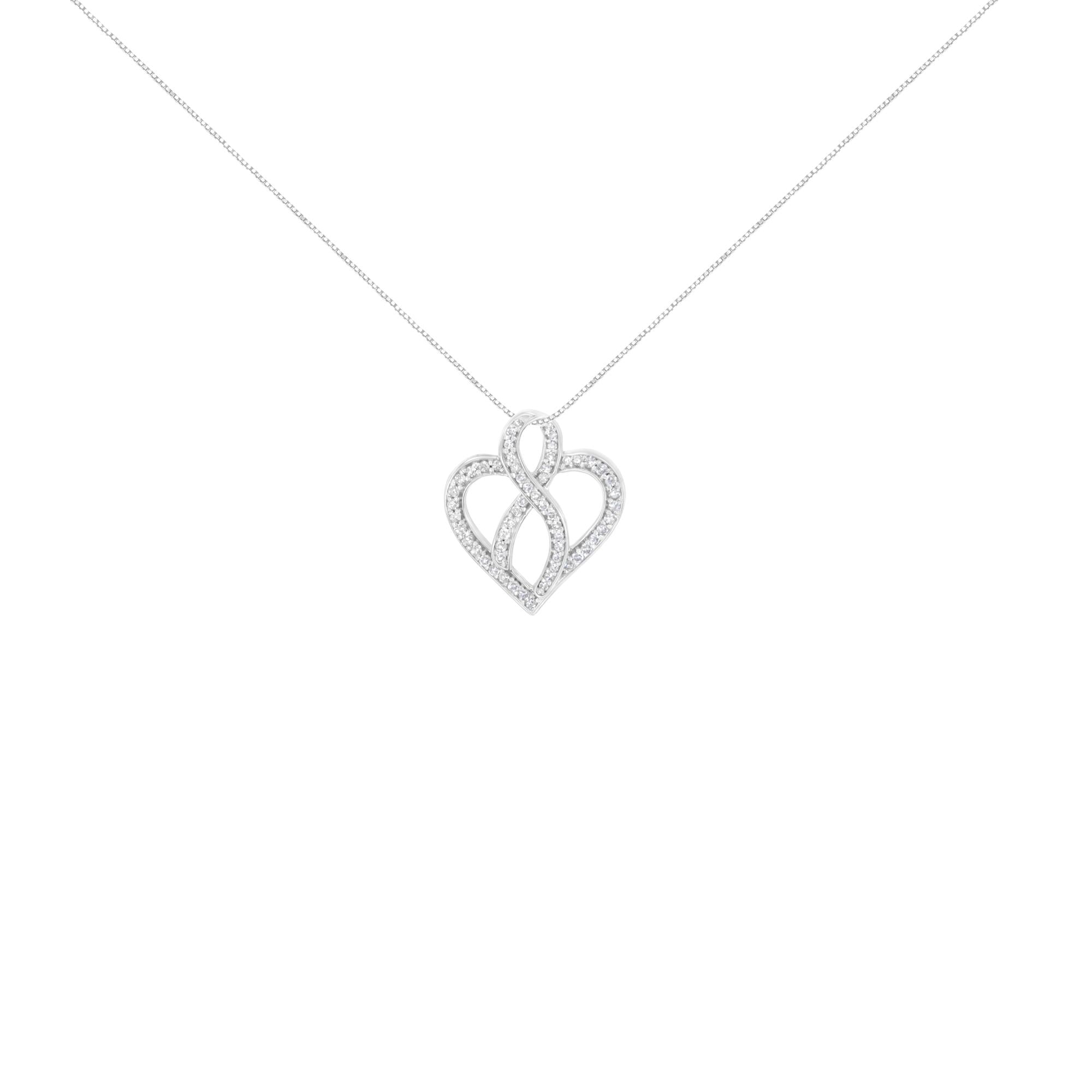 14K White Gold 1/4 cttw Round Cut Diamond Heart and Ribbon Center Pendant Necklace (H-I, I1-I2) - Friggin Jewelry