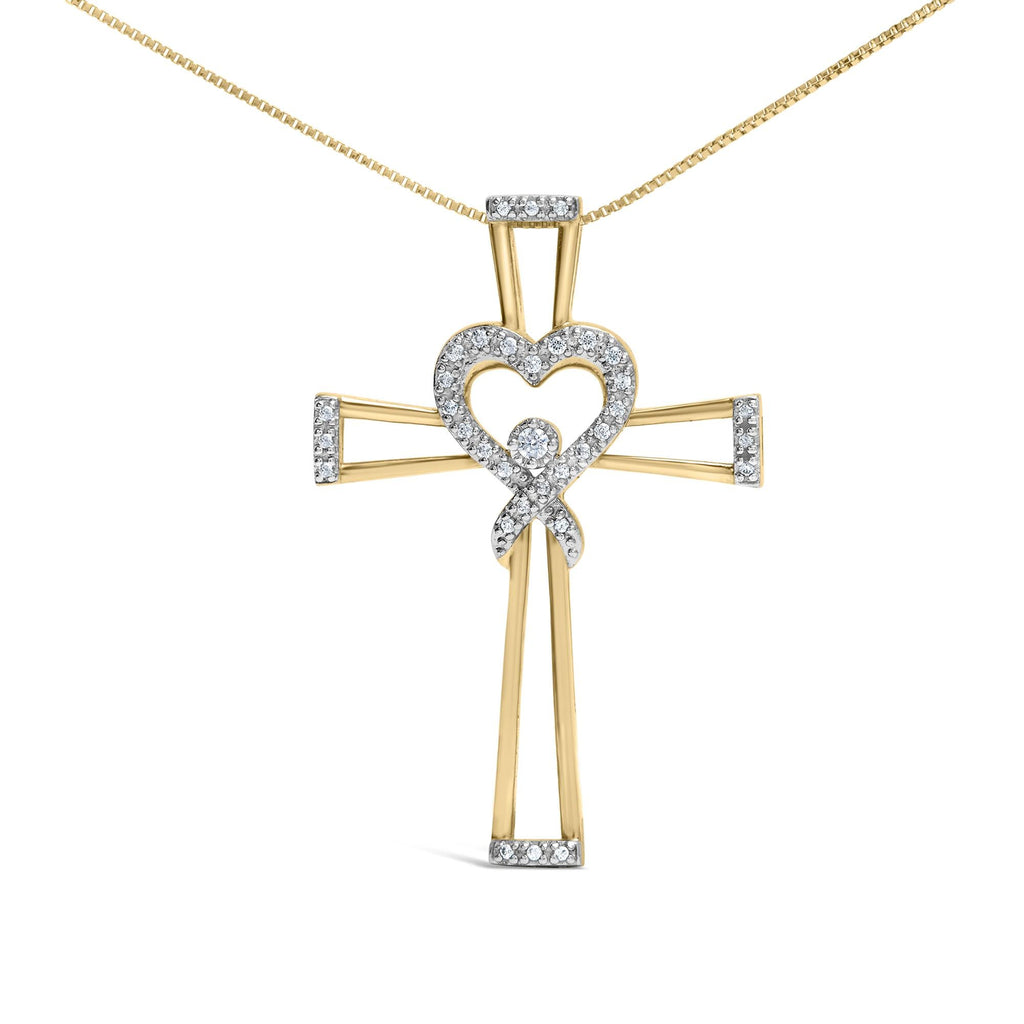 14K Yellow Gold Plated .925 Sterling Silver 1/6 Cttw Diamond Interlocking Heart and Ribbon Cross Pendant Necklace (H-I Color, I2-I3 Clarity) - 18" Inches - Friggin Jewelry