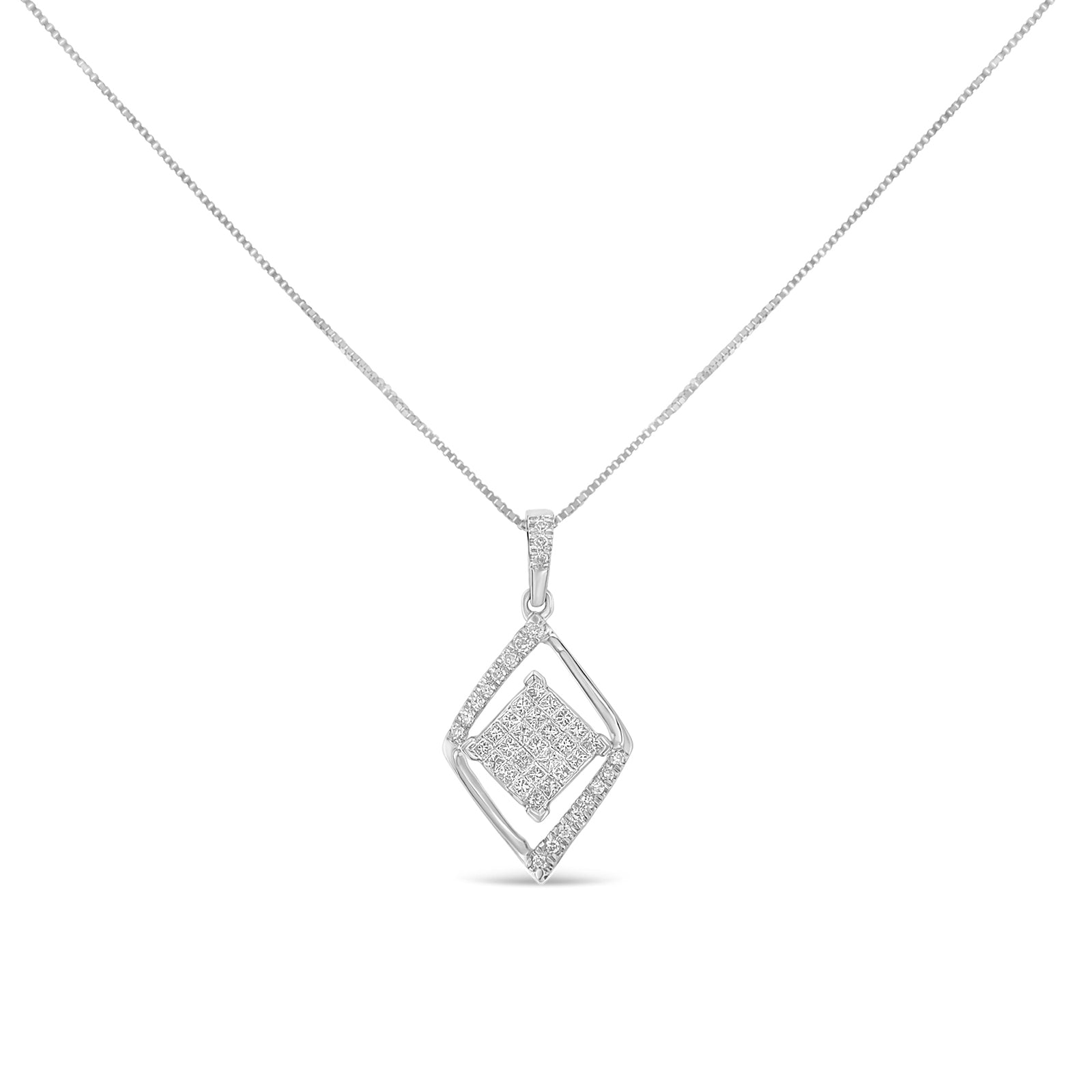 10k White Gold 1/3 Cttw Round and Princess-Cut Diamond Double Triangle 18" Pendant Necklace (H-I Color, SI1-SI2 Clarity) - Friggin Jewelry