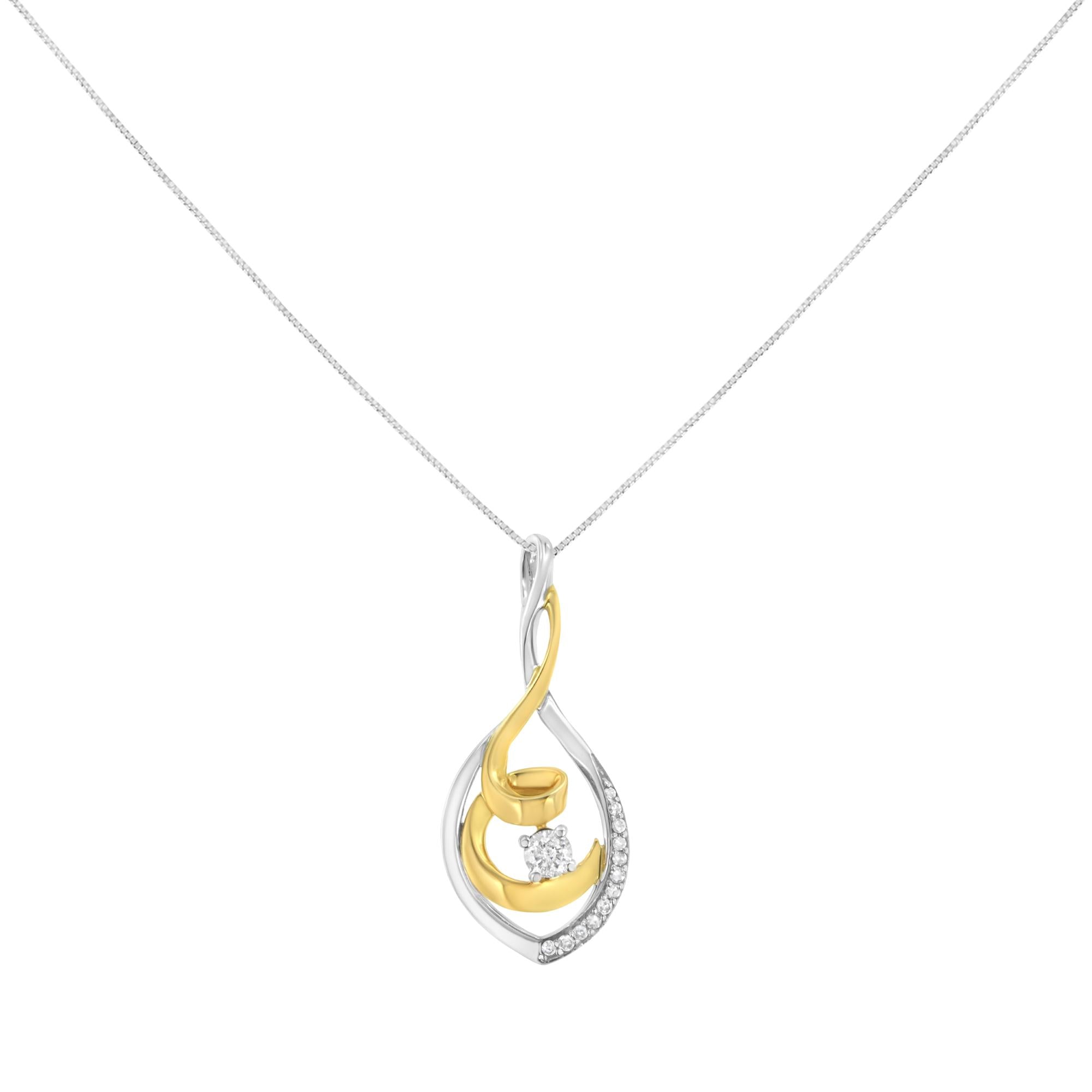 10K Two-Tone Yellow & White Gold 1/4 Cttw Brilliant-Cut Round Diamond Spiral Link 18" Pendant Necklace (I-J Color, I2-I3 Clarity) - Friggin Jewelry