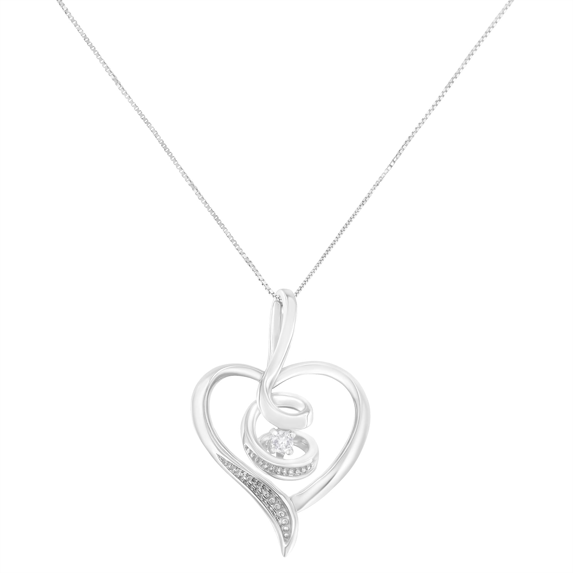 Espira 10K White Gold .03 Cttw Diamond-Accented Round-Cut Diamond Swirl Open Heart 18" Pendant Necklace (I-J Color, I2-I3 Clarity) - Friggin Jewelry