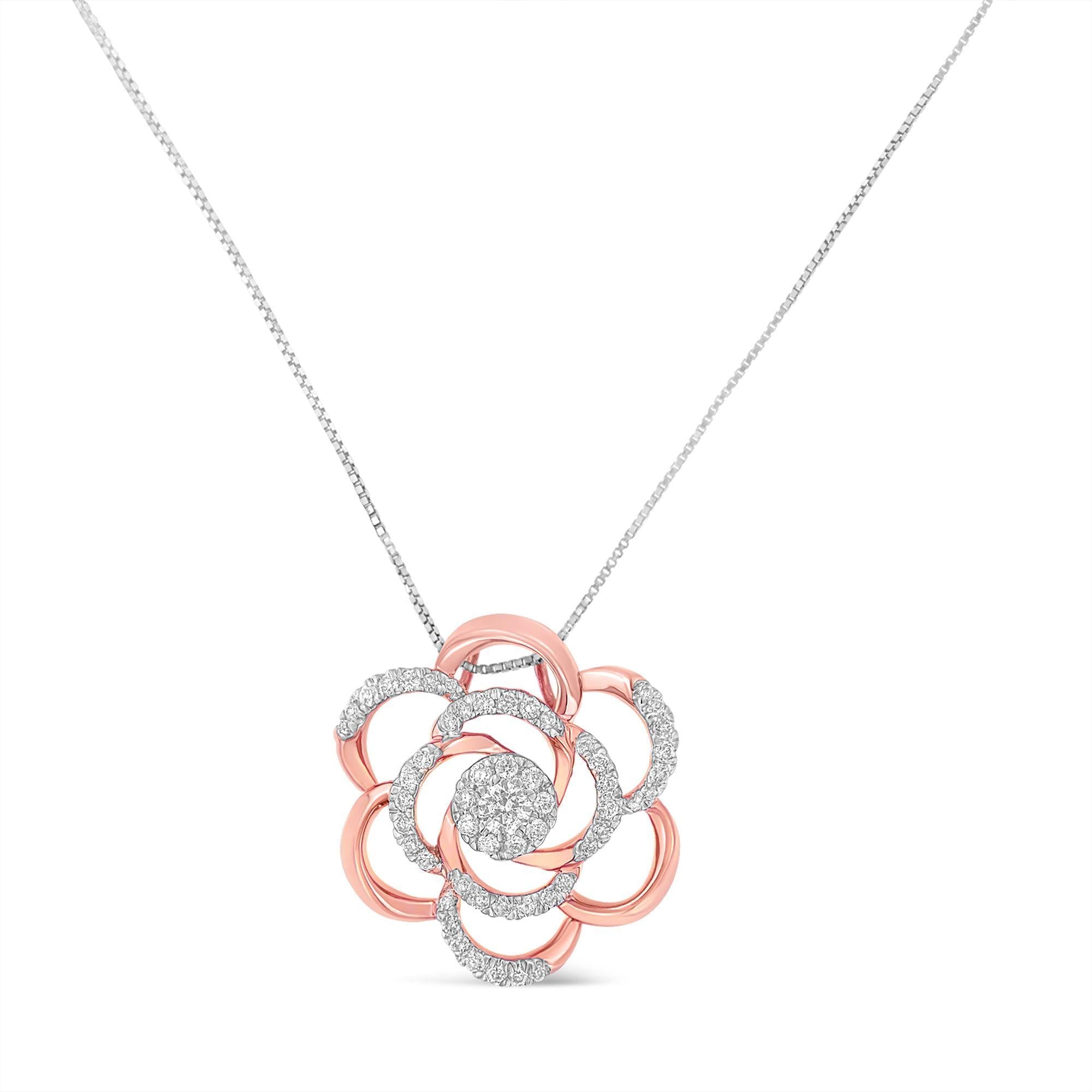 Collar con colgante de flor chapado en oro rosa de 10 quilates y diamante redondo de 1/2 ct (HI, I1-I2) - Friggin Jewelry