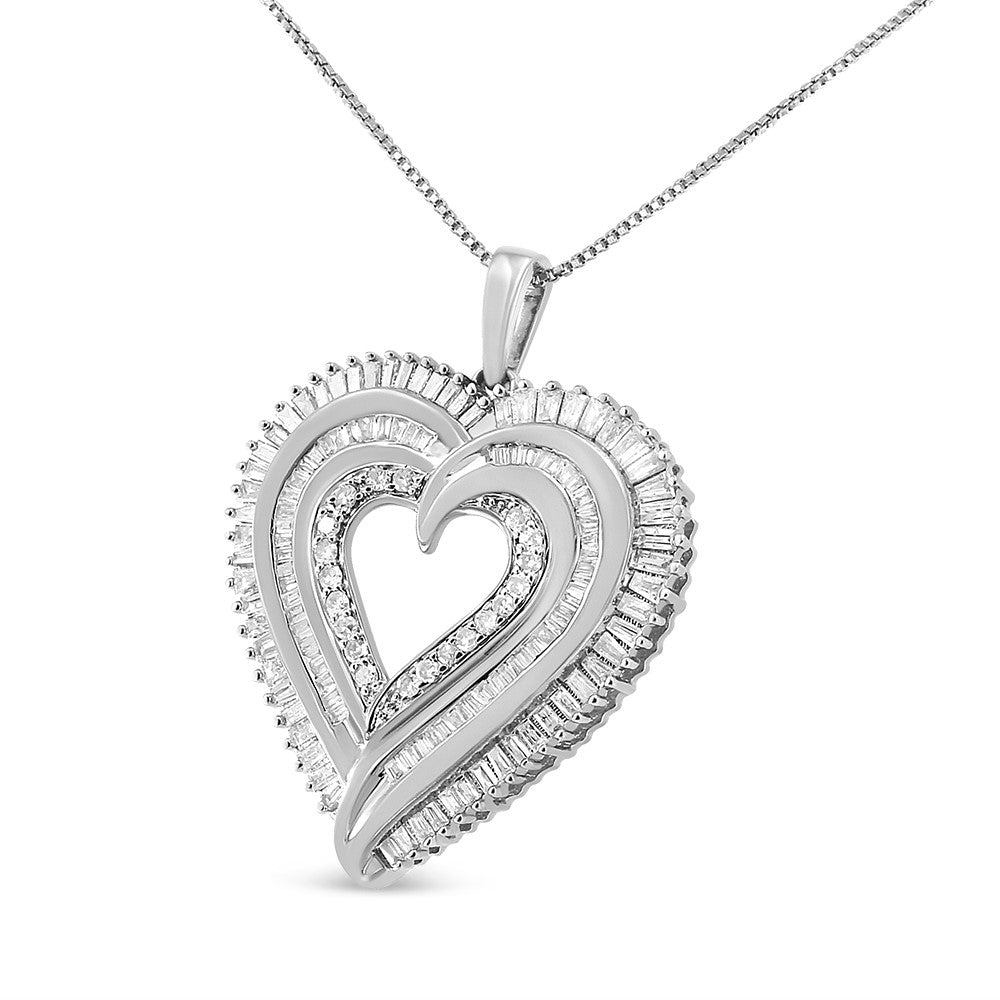 .925 Sterling Silver 1 1/2 Cttw Baguette Diamond Composite Heart 18" Inch Pendant Necklace (I-J Color, I1-I2 Clarity) - Friggin Jewelry