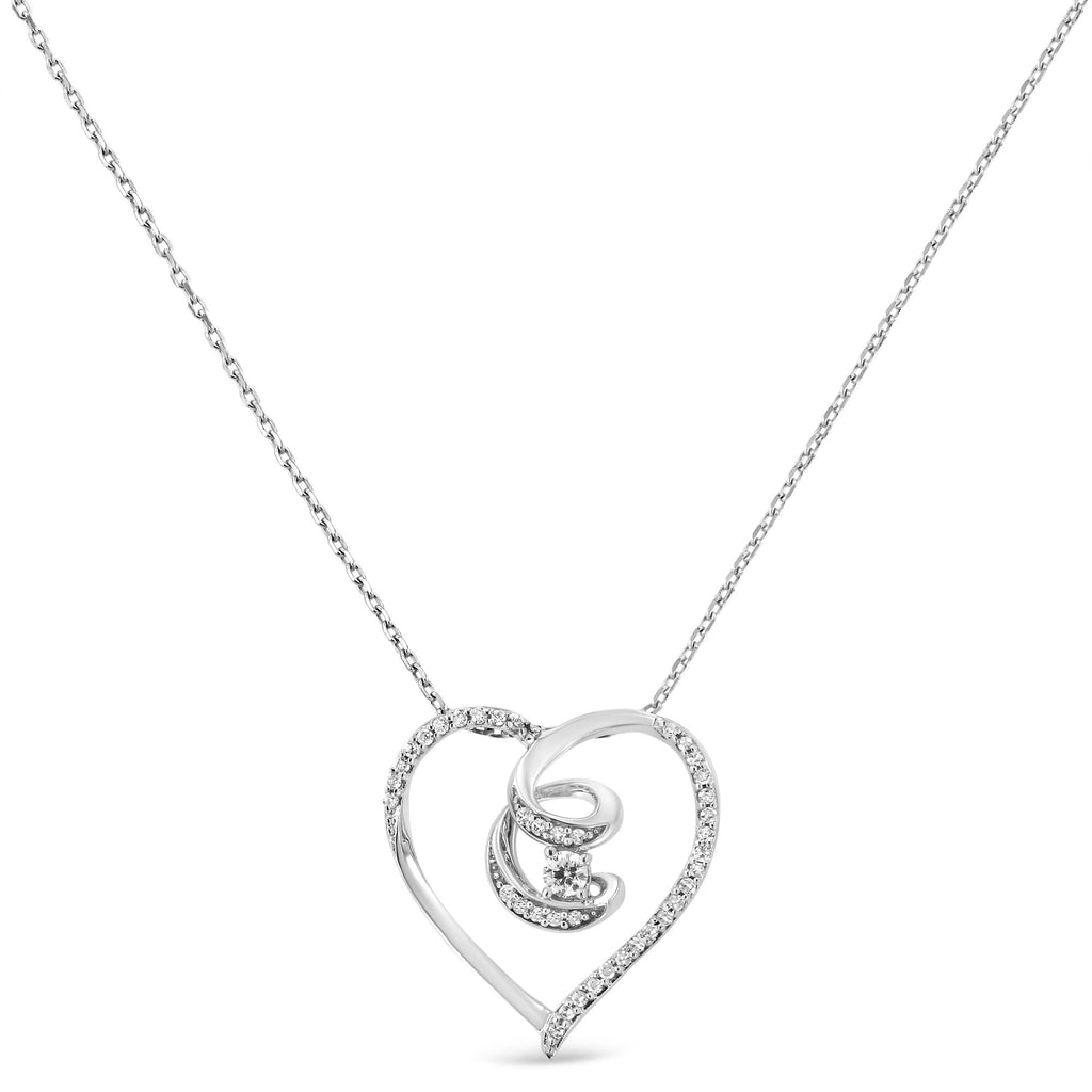 .925 Sterling Silver 1/4 Cttw Brilliant-Cut Diamond Open Heart Twisted Awareness Ribbon 18" Pendant Necklace (H-I Color, I1-I2 Clarity) - Friggin Jewelry