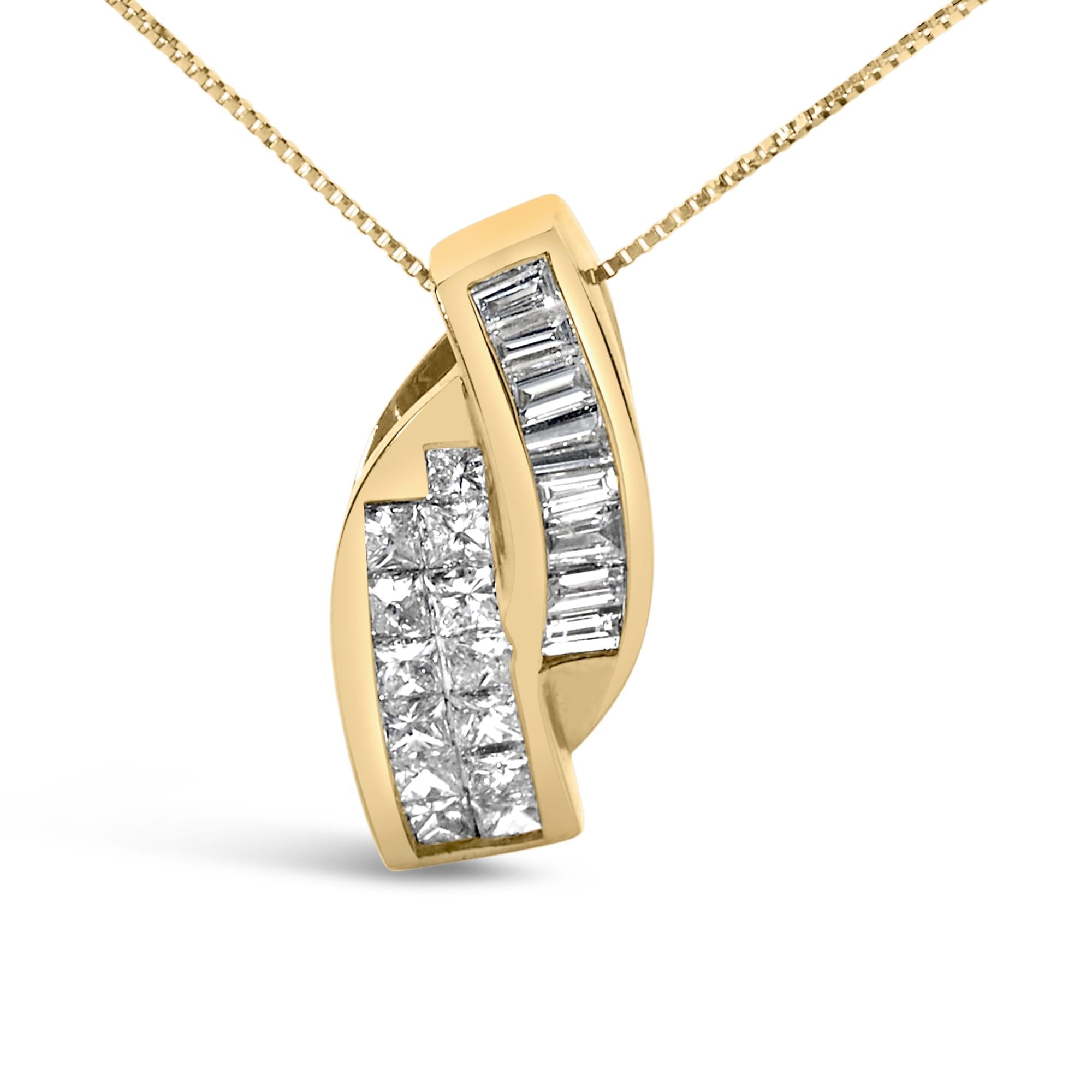 14k Yellow Gold 1 1/3 Cttw Princess and Baguette-cut Diamond Double Curved Pendant Necklace (H-I Color ,VS1-VS2 Clarity) - Chain Not Included - Friggin Jewelry Premium