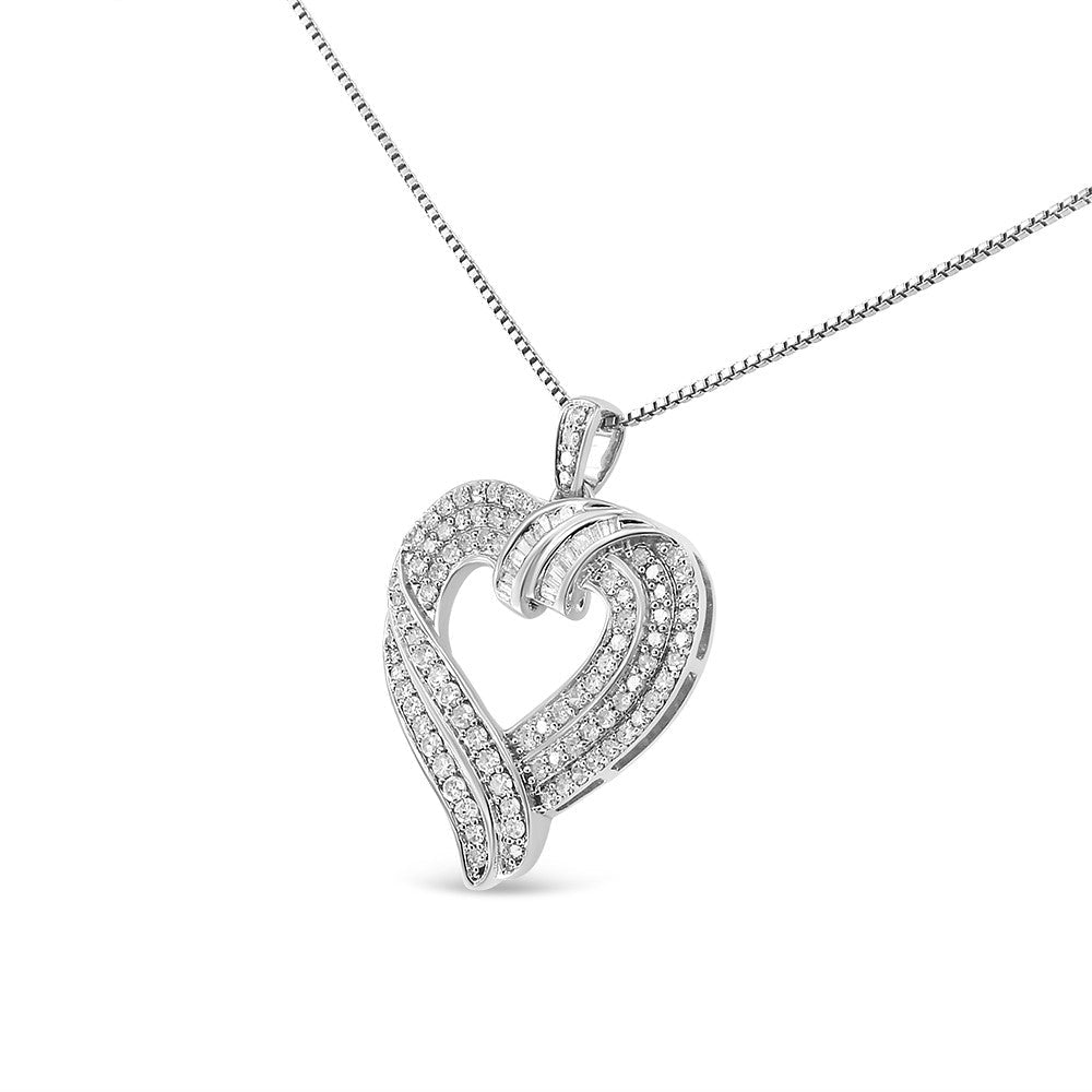 .925 Sterling Silver 1.00 Cttw Baguette Diamond Composite Open Heart 18" Inch Pendant Necklace (I-J Color, I1-I2 Clarity) - Friggin Jewelry