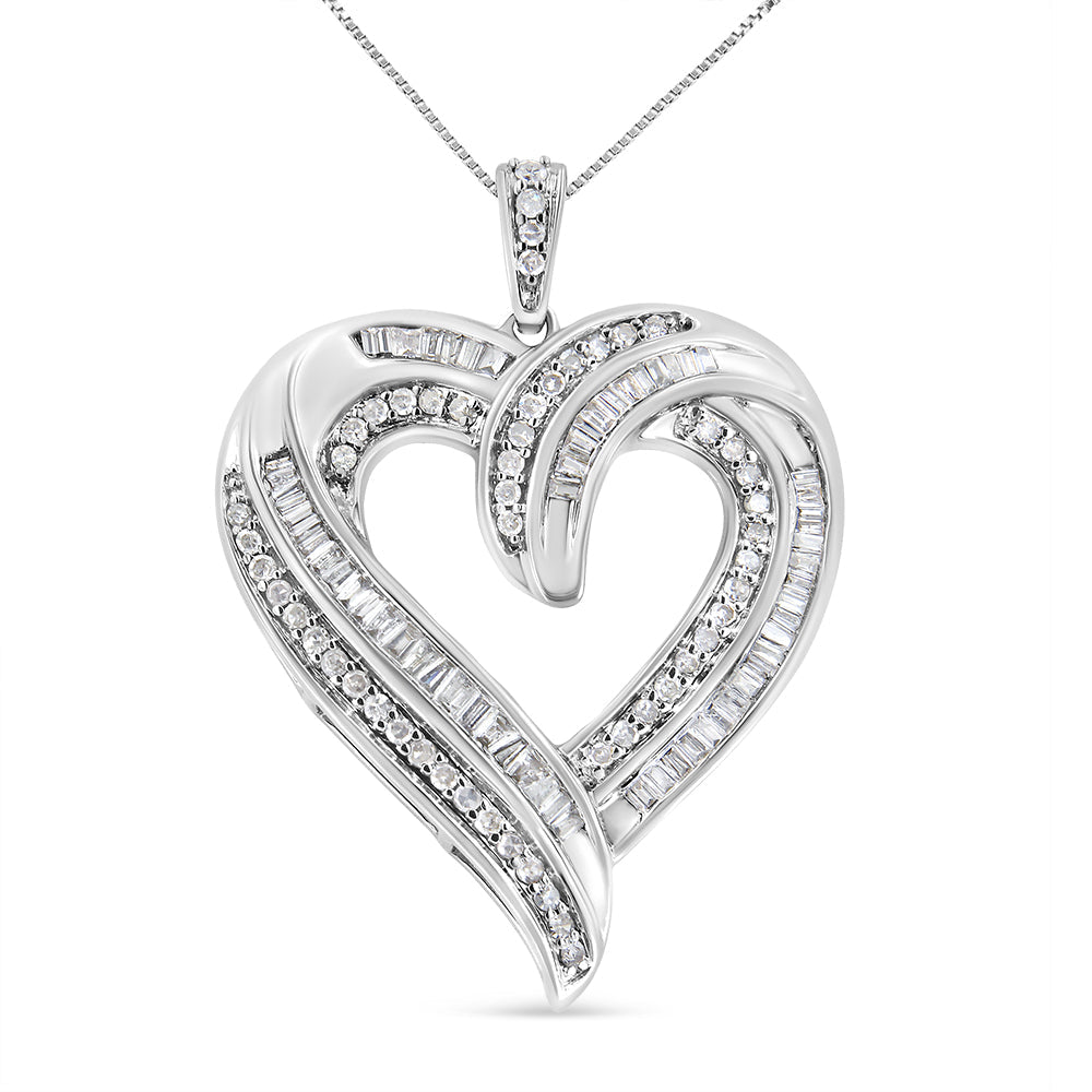 .925 Sterling Silver 3/4 Cttw Round and Baguette-Cut Diamond Open Heart 18" Pendant Necklace (I-J Color, I2-I3 Clarity) - Friggin Jewelry