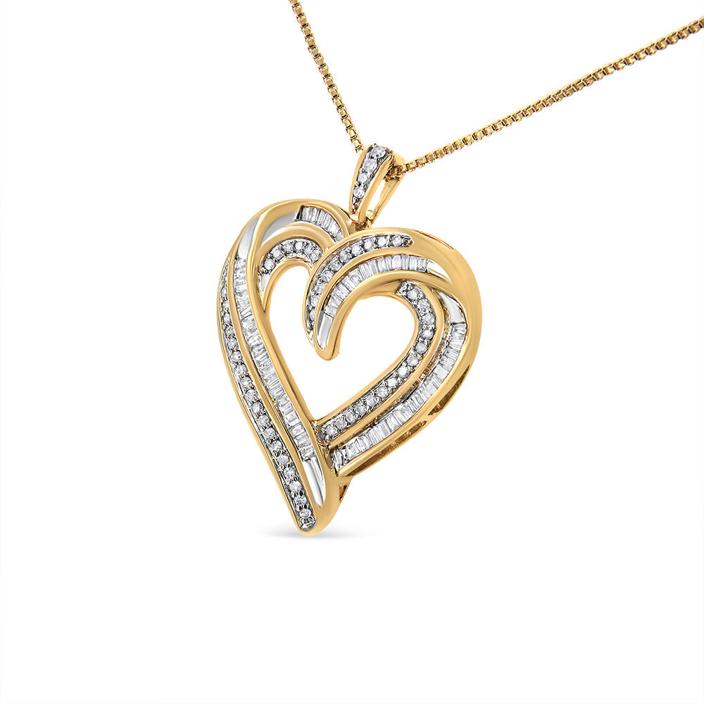 .925 Sterling Silver 3/4 Cttw Round and Baguette-Cut Diamond Open Heart 18" Pendant Necklace (I-J Color, I2-I3 Clarity) - Friggin Jewelry