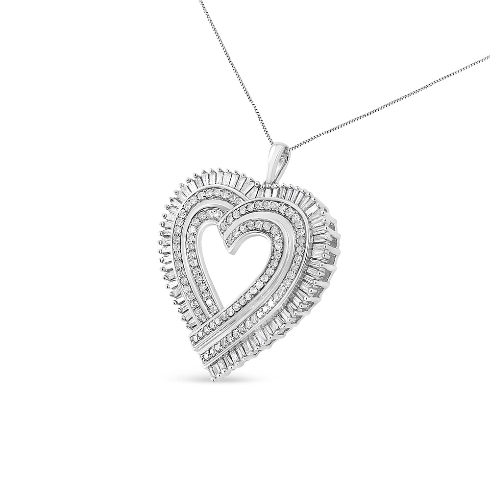 .925 Sterling Silver 1 1/4 Cttw Round and Baguette-Cut Diamond Composite Heart 18" Pendant Necklace (I-J Color, I1-I2 Clarity) - Friggin Jewelry