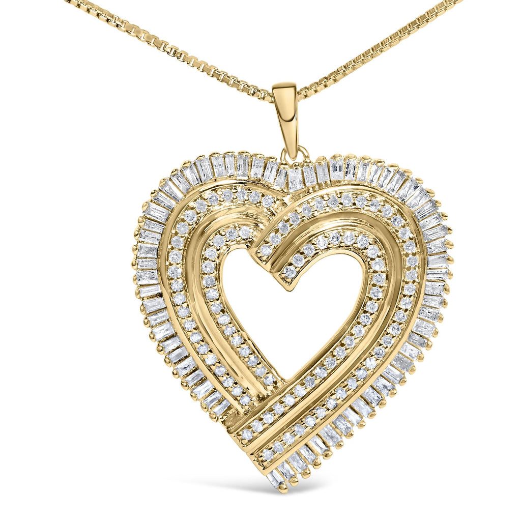 Collar con colgante de corazón de 45 cm en plata de ley 925 bañada en oro amarillo de 14 quilates con diamantes de talla baguette y redonda de 1/4 ct (color HI, claridad SI2-I1)