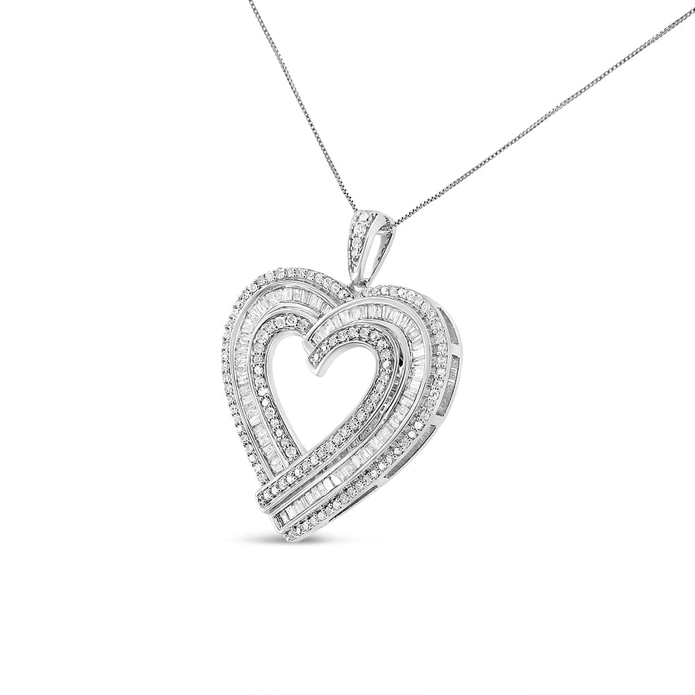 .925 Sterling Silver 1 3/8 Cttw Baguette Diamond Composite Heart 18" Inch Pendant Necklace (I-J Color, I1-I2 Clarity) - Friggin Jewelry