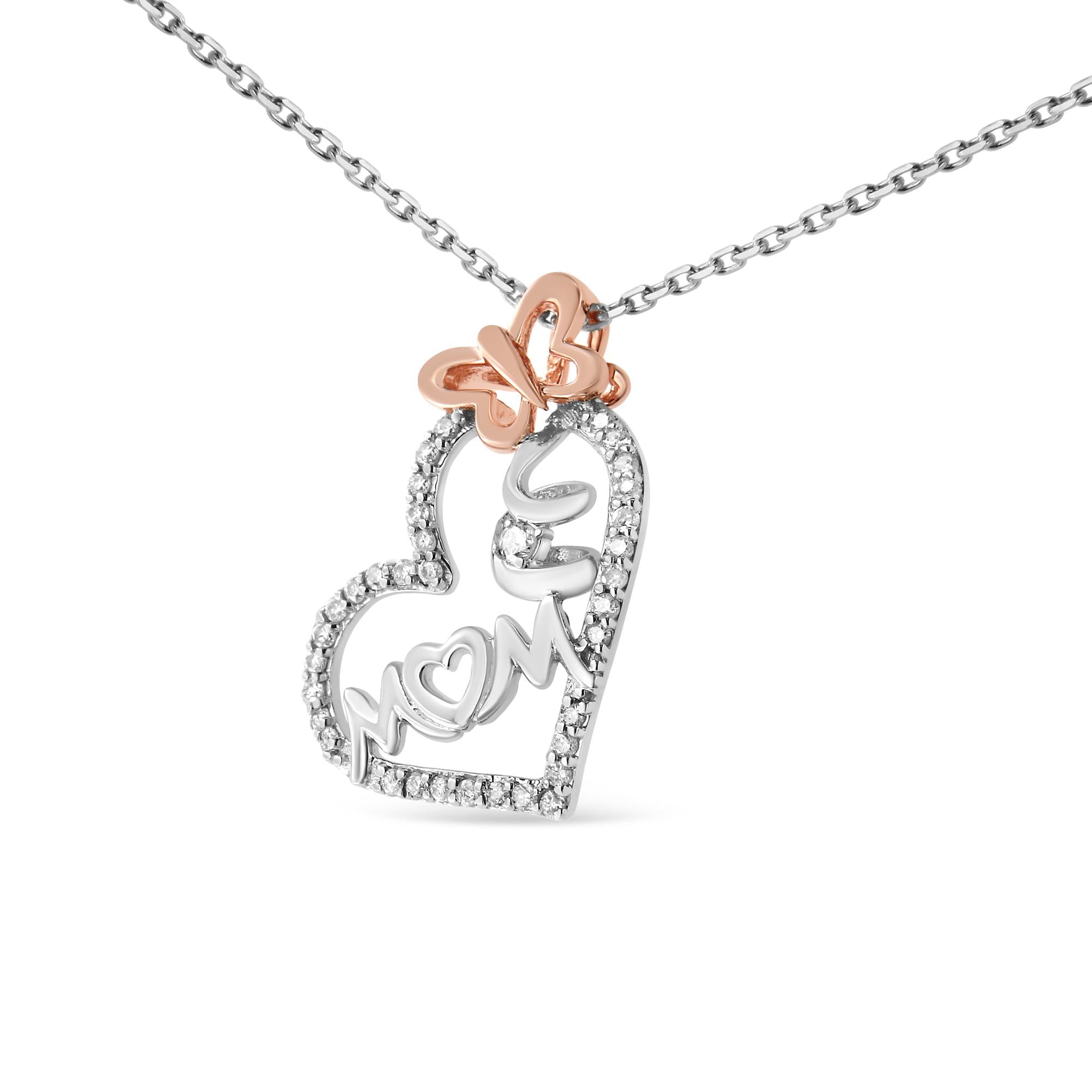 Two Tone .925 Sterling Silver 1/5 cttw Diamond "Mom" and Heart Pendant Necklace (H-I, I1-I2) - Mom - Friggin Jewelry