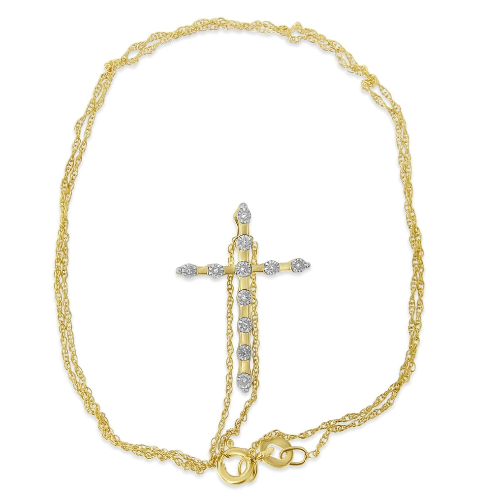 10K Yellow Gold Plated .925 Sterling Silver Miracle Set Diamond Accent Cross 18" Pendant Necklace (I-J Color, I3 Clarity) - Friggin Jewelry