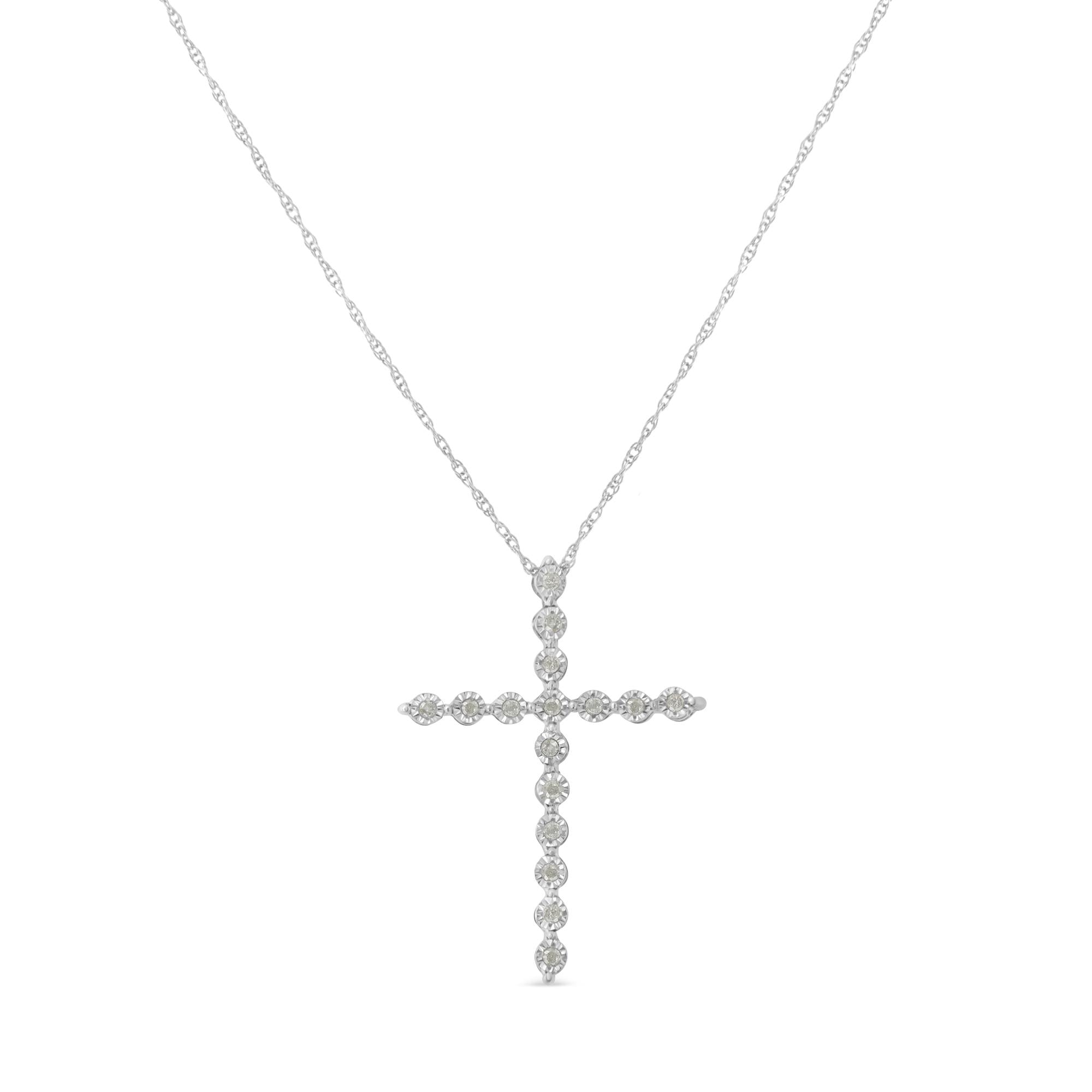 .925 Sterling Silver 1/6 Cttw Brilliant-Cut Diamond Miracle-Set Shared Prong Cross 18" Pendant Necklace (I-J Color, I2-I3 Clarity) - Friggin Jewelry
