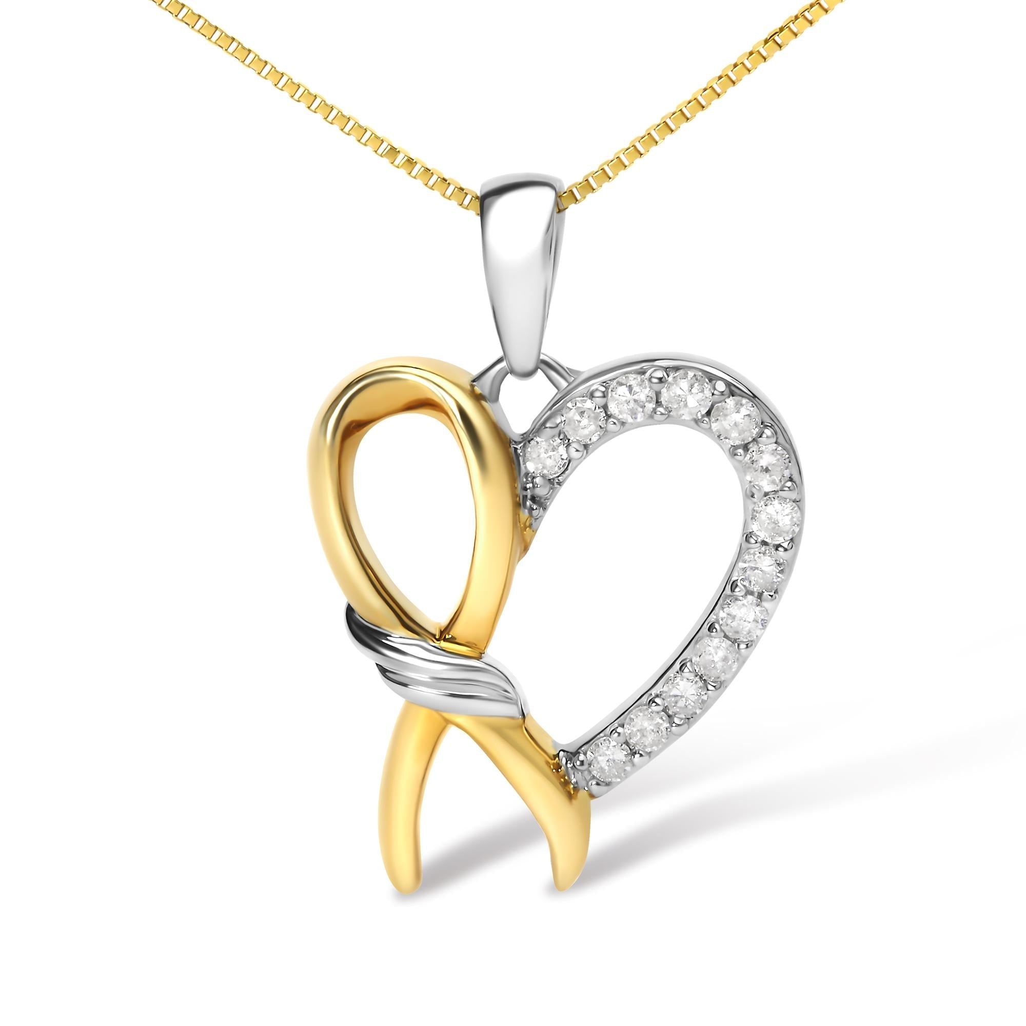 10K Yellow Gold Plated .925 Sterling Silver 1/5 Cttw Diamond Ribbon Heart Pendant Necklace (H-I Color, I2-I3 Clarity) - 18" - Friggin Jewelry