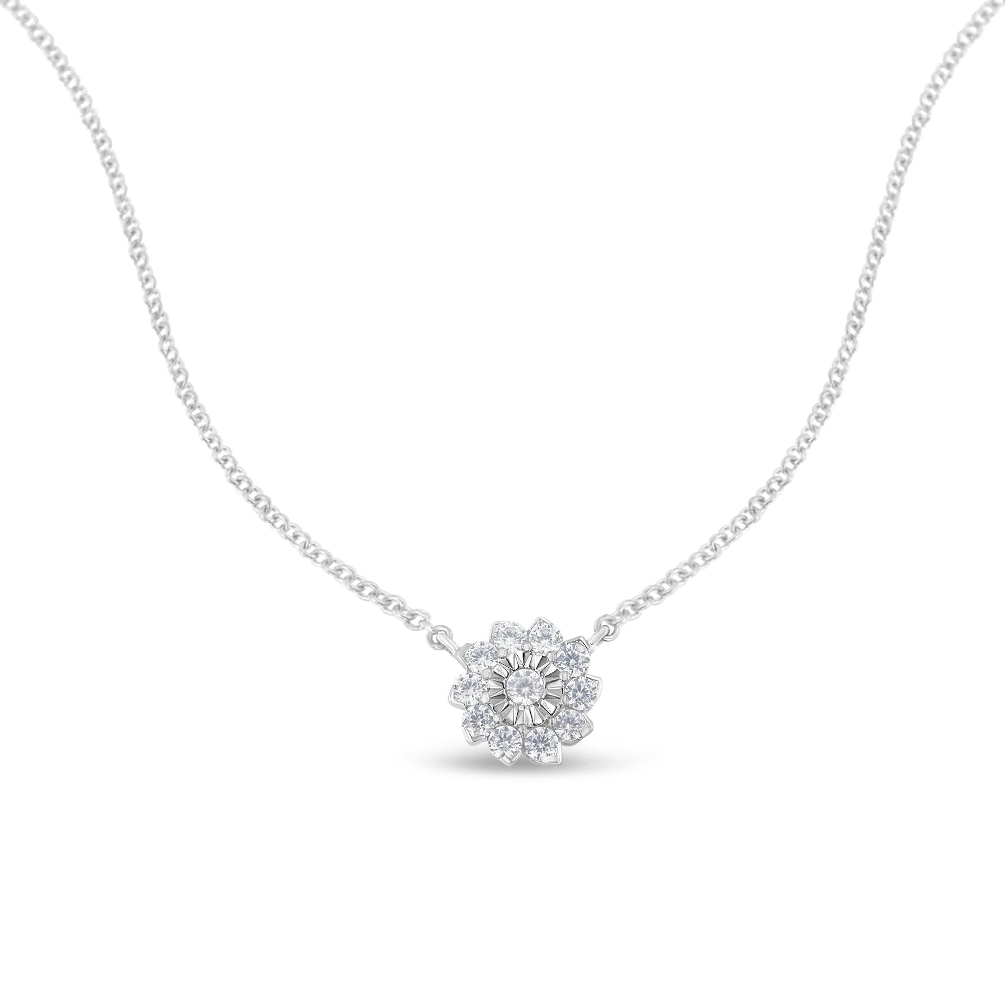 .925 Sterling Silver 1/2 Cttw Diamond Miracle Set Flower Cluster Pendant Necklace with Cable Chain (I-J Color, I1-I2 Clarity) - 18” - Friggin Jewelry