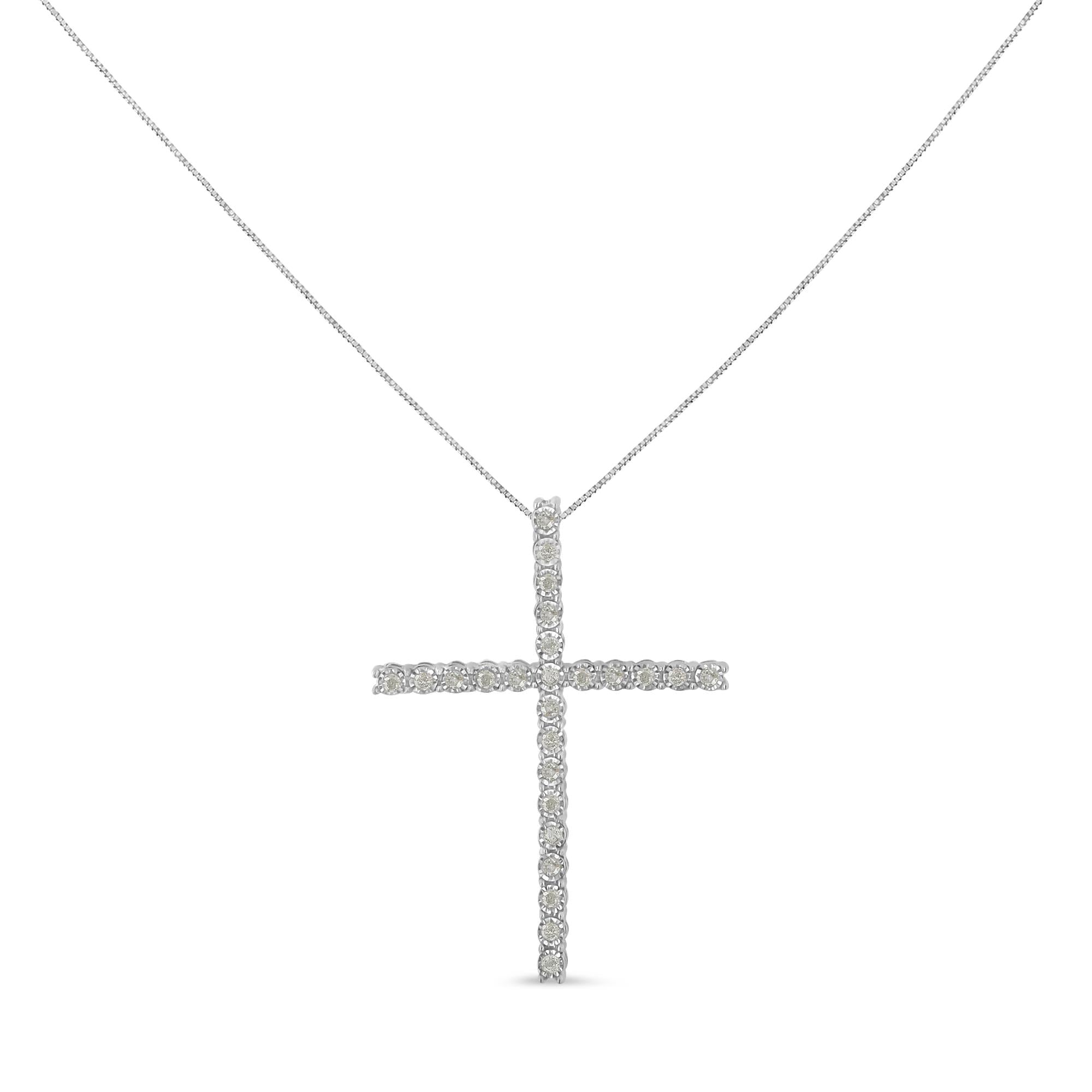 .925 Sterling Silver 1/2 Cttw Brilliant Cut Diamond Miracle-Set Cross 18" Unisex Pendant Necklace (I-J Color, I3 Clarity) - Friggin Jewelry