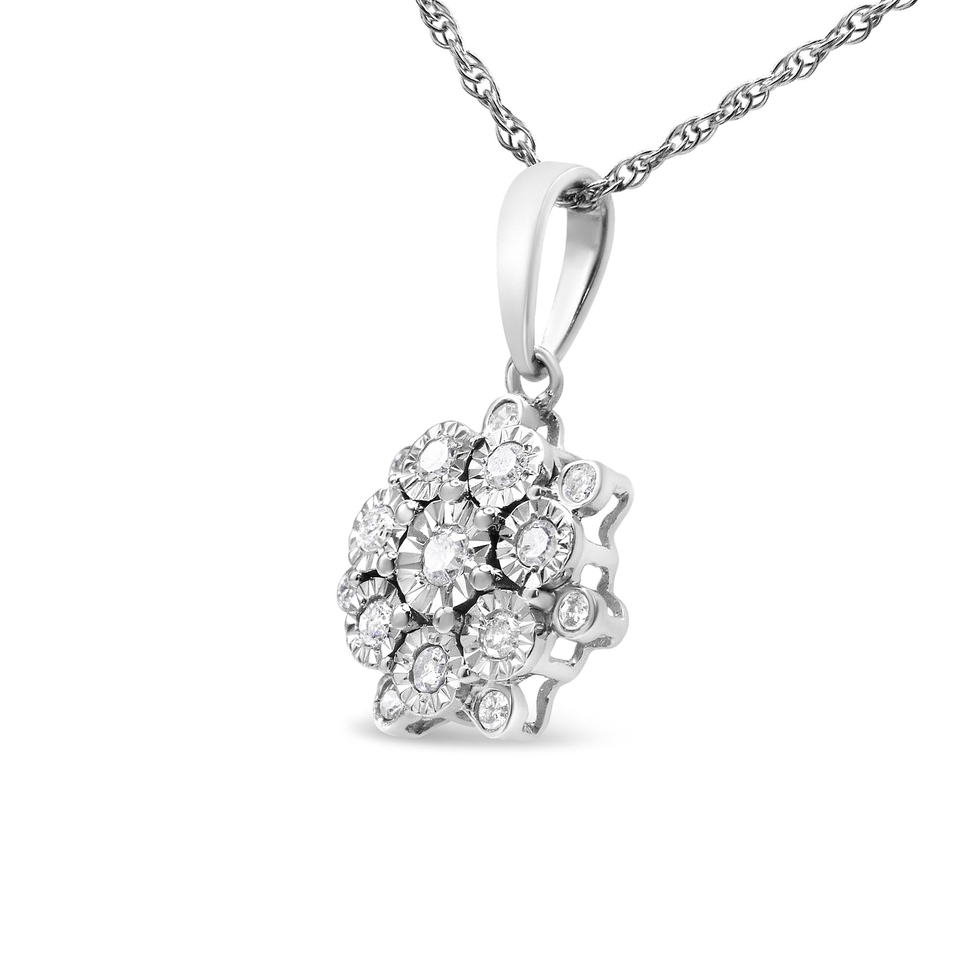 .925 Sterling Silver 1/4 Cttw Miracle Set Diamond Floral Cluster 18" Pendant Necklace for Women (I-J Color, I1-I2 Clarity) - Friggin Jewelry