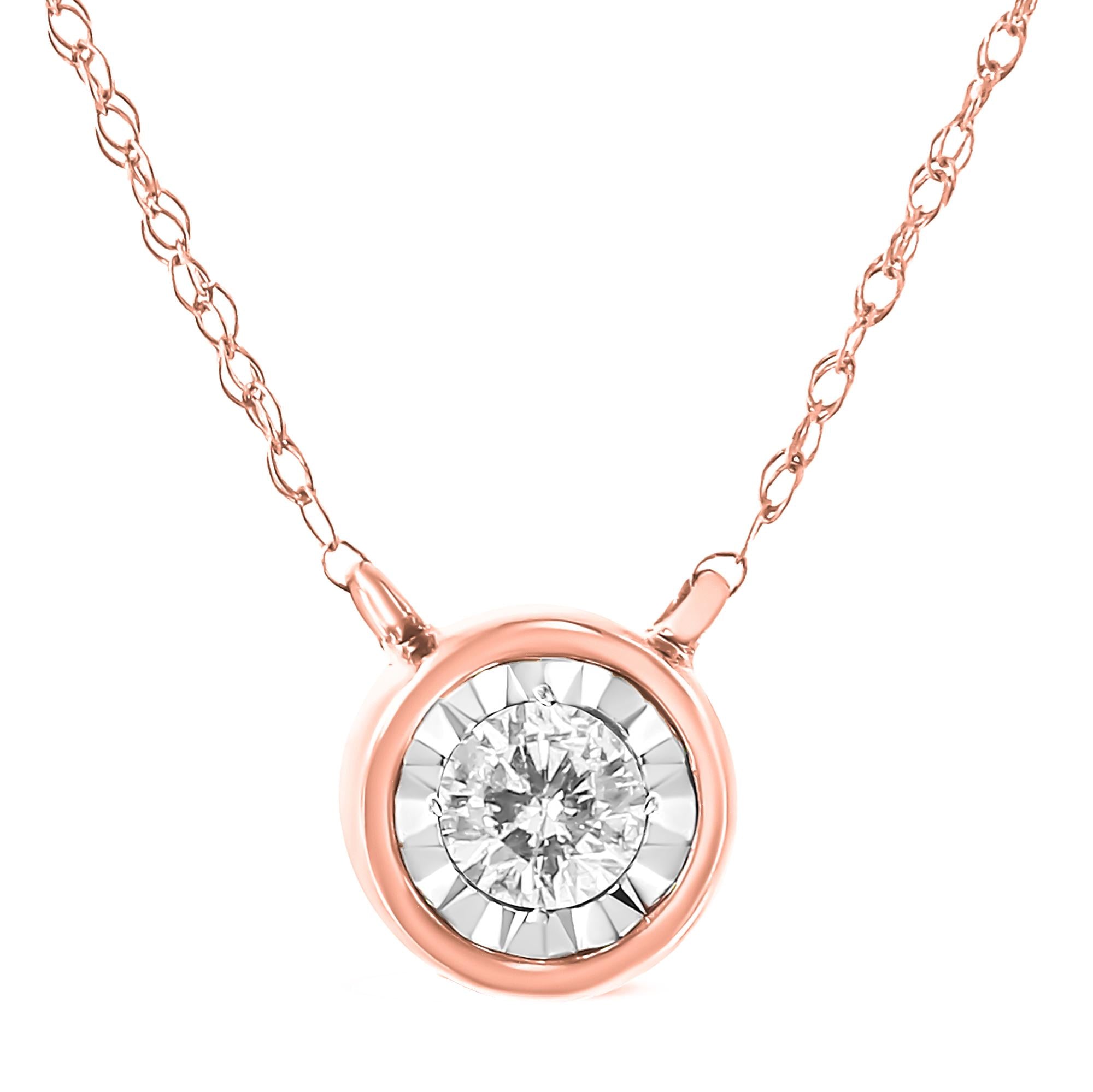 Collar con colgante solitario de oro de 10 quilates con diamantes redondos de talla brillante engastados en bisel (color JK, claridad I2-I3) - 40,6 cm con extensor de 5 cm - Friggin Jewelry