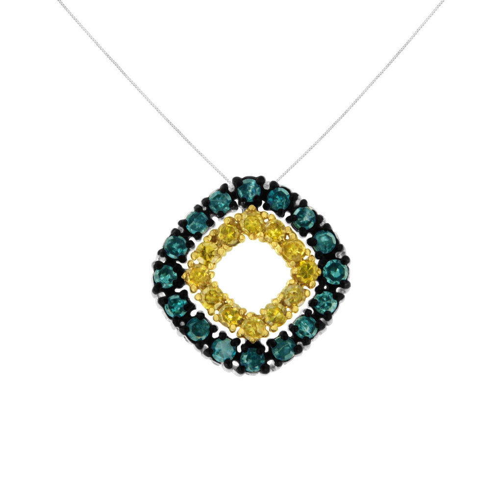 .925 Sterling Silver 1/2 Cttw Treated Blue and Yellow Diamond Double Square 18" Pendant Necklace (Blue/Yellow Color, I2-I3 Clarity) - Friggin Jewelry