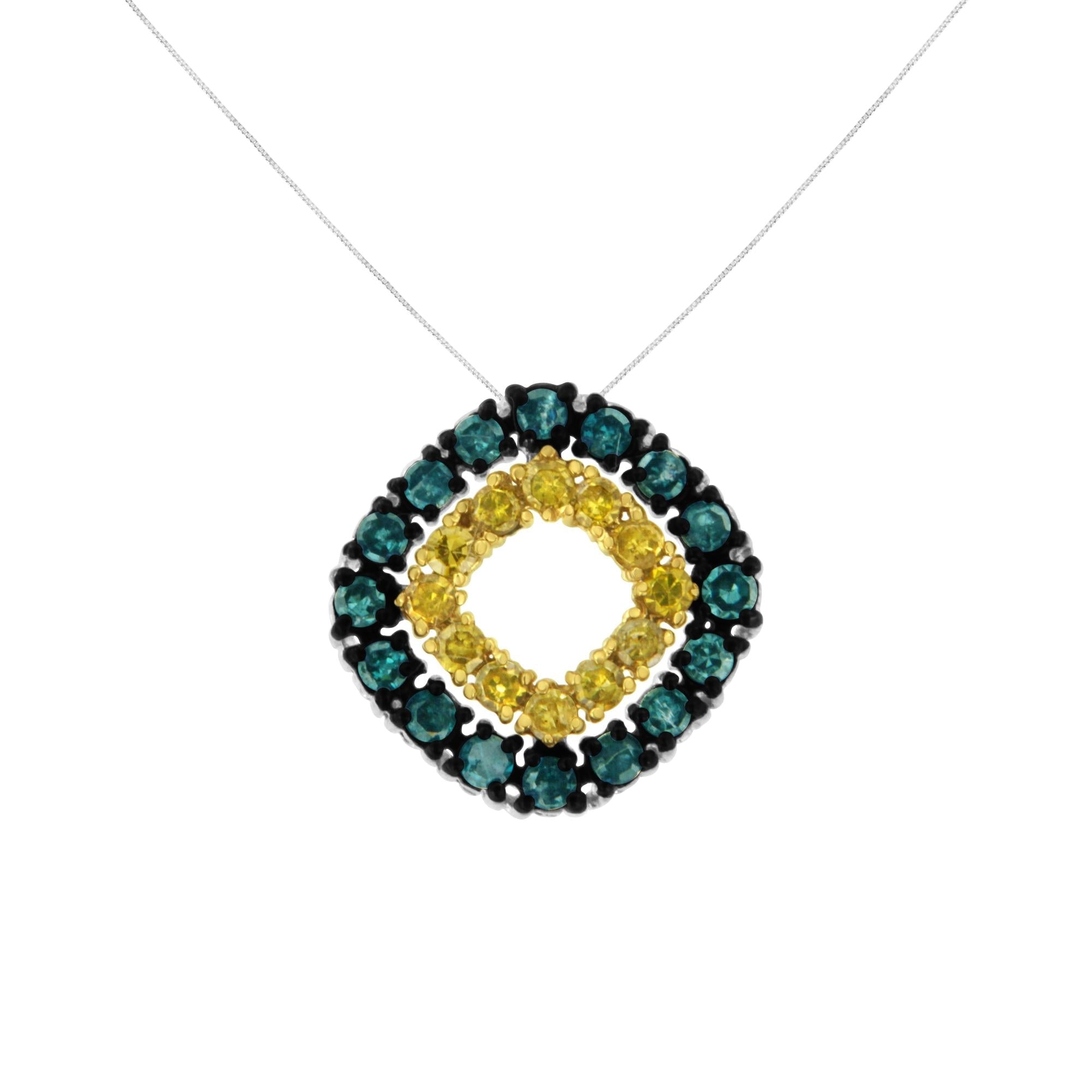 .925 Sterling Silver 1/2 Cttw Treated Blue and Yellow Diamond Double Square 18" Pendant Necklace (Blue/Yellow Color, I2-I3 Clarity) - Friggin Jewelry