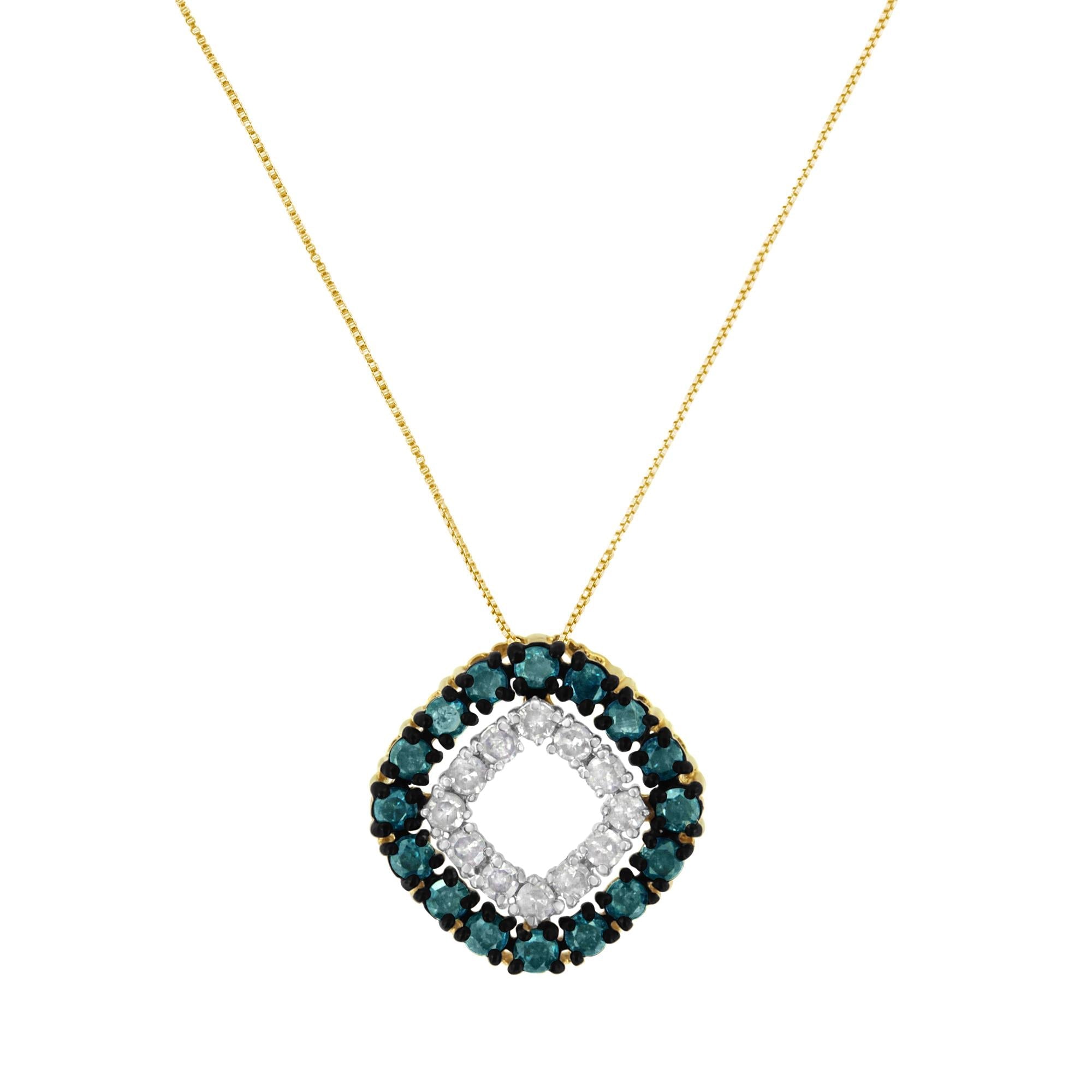 Collar con colgante cuadrado de diamantes de 1/2 quilates con tratamiento de color (azul, amarillo, claridad I2-I3) en plata de ley 925 bañada en oro amarillo de 14 quilates - Friggin Jewelry