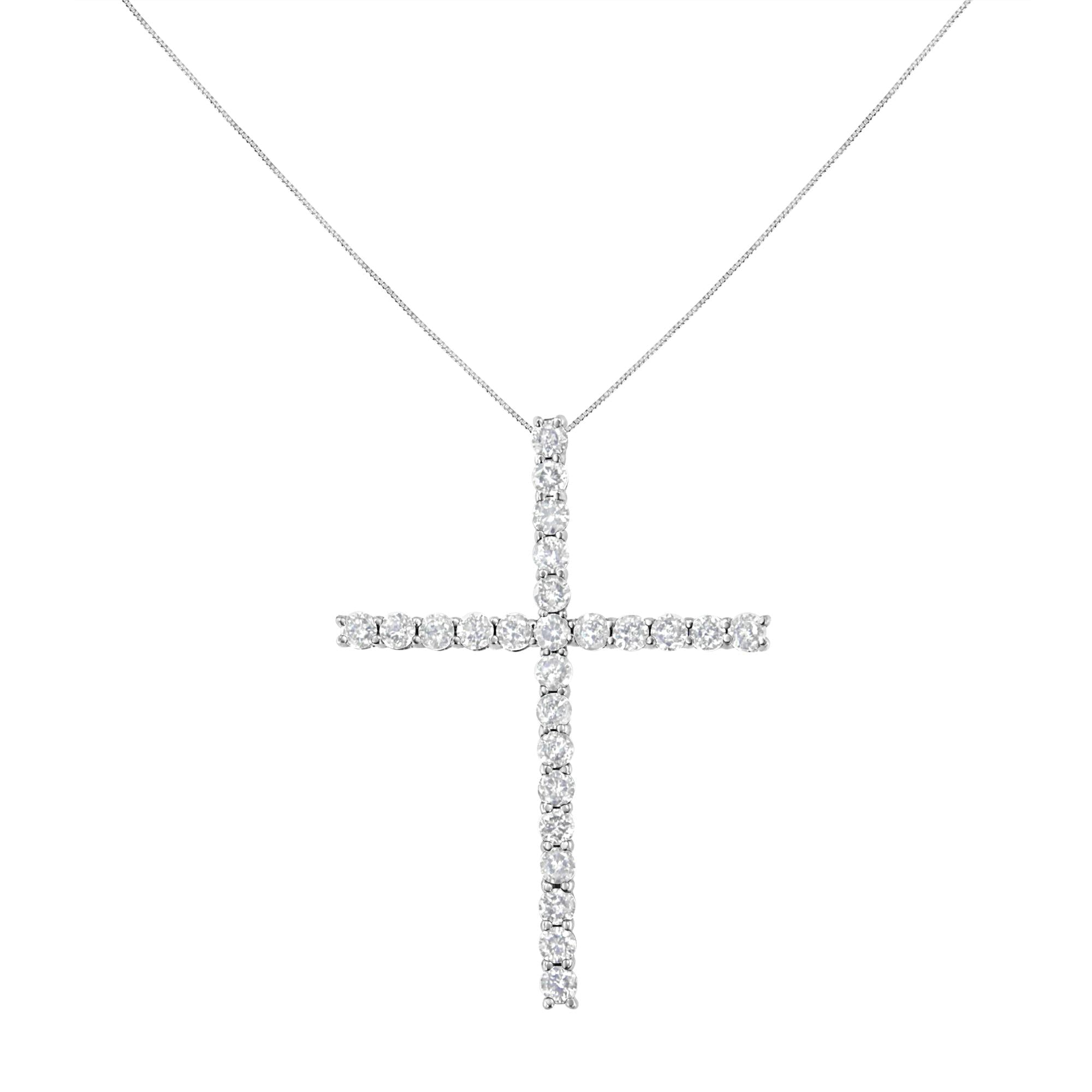 .925 Sterling Silver 2.0 Cttw Round Shape Diamond 1-1/4" Cross Pendant with Box Chain Necklace (I-J Color, I1-I2 Clarity) - 18" - Friggin Jewelry