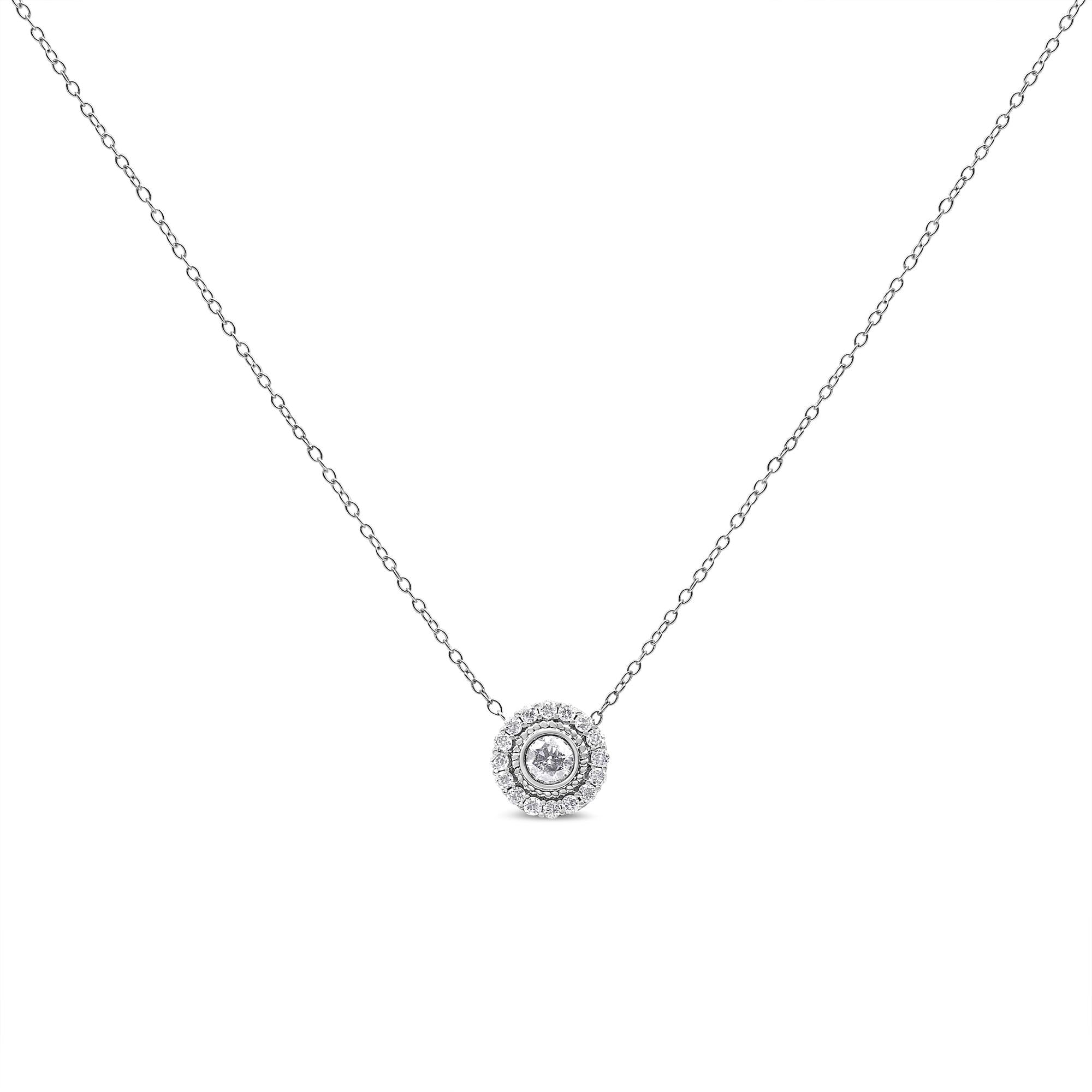 .925 Sterling Silver 1/2 Cttw Round Diamond Halo Circle Pendant 18" Necklace (I-J Color, I2-I3 Clarity) - Friggin Jewelry