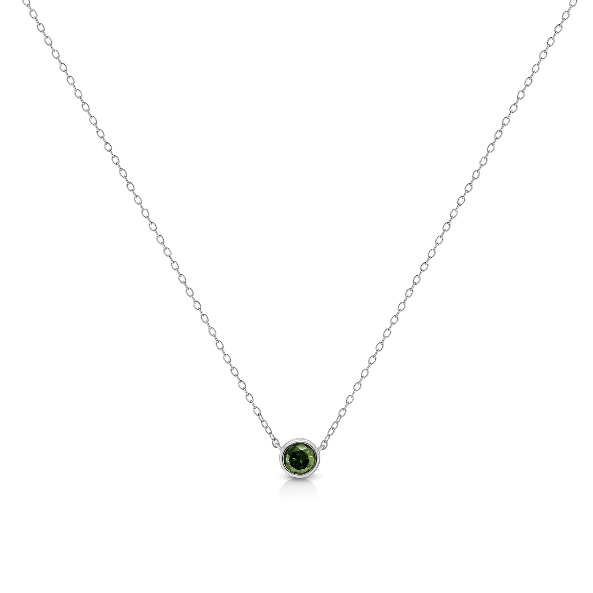 .925 Sterling Silver 1/5 Cttw Treated Green Diamond Solitaire Bezel 18" Pendant Necklace (Green Color, I1-I2 Clarity) - Friggin Jewelry