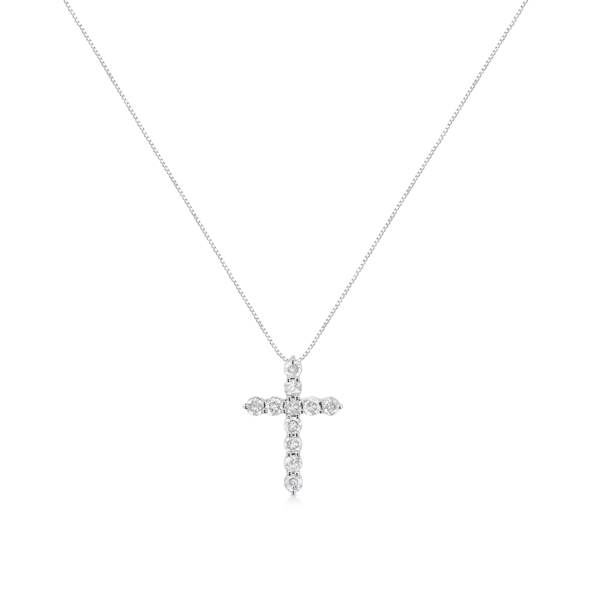 .925 Sterling Silver 1.0 Cttw Prong Set Round-Cut Diamond Cross 18" Pendant Necklace (I-J Color, I2-I3 Clarity) - Friggin Jewelry