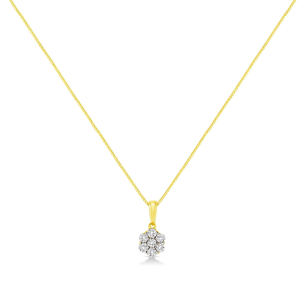 14K Yellow Gold 1/4 Cttw Prong Set Round-Cut Diamond 7 Stone Floral Cluster 18" Pendant Necklace (H-I Color, I1-I2 Clarity) - Friggin Jewelry