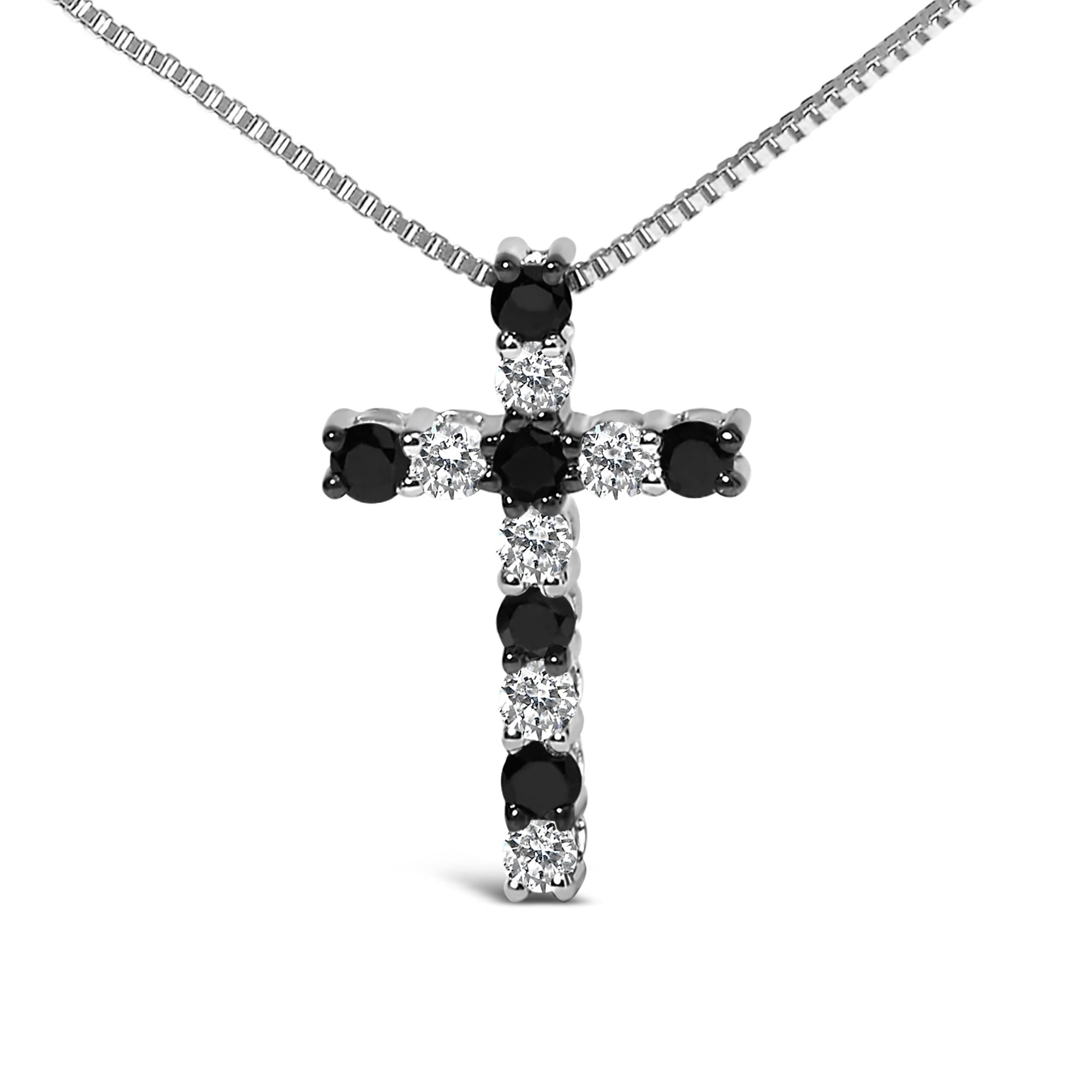 .925 Sterling Silver 1/2 Cttw Alternating Black and White Diamond Cross Pendant Necklace  (Treated Black and H-I Color, I3 Clarity) - 18" - Friggin Jewelry