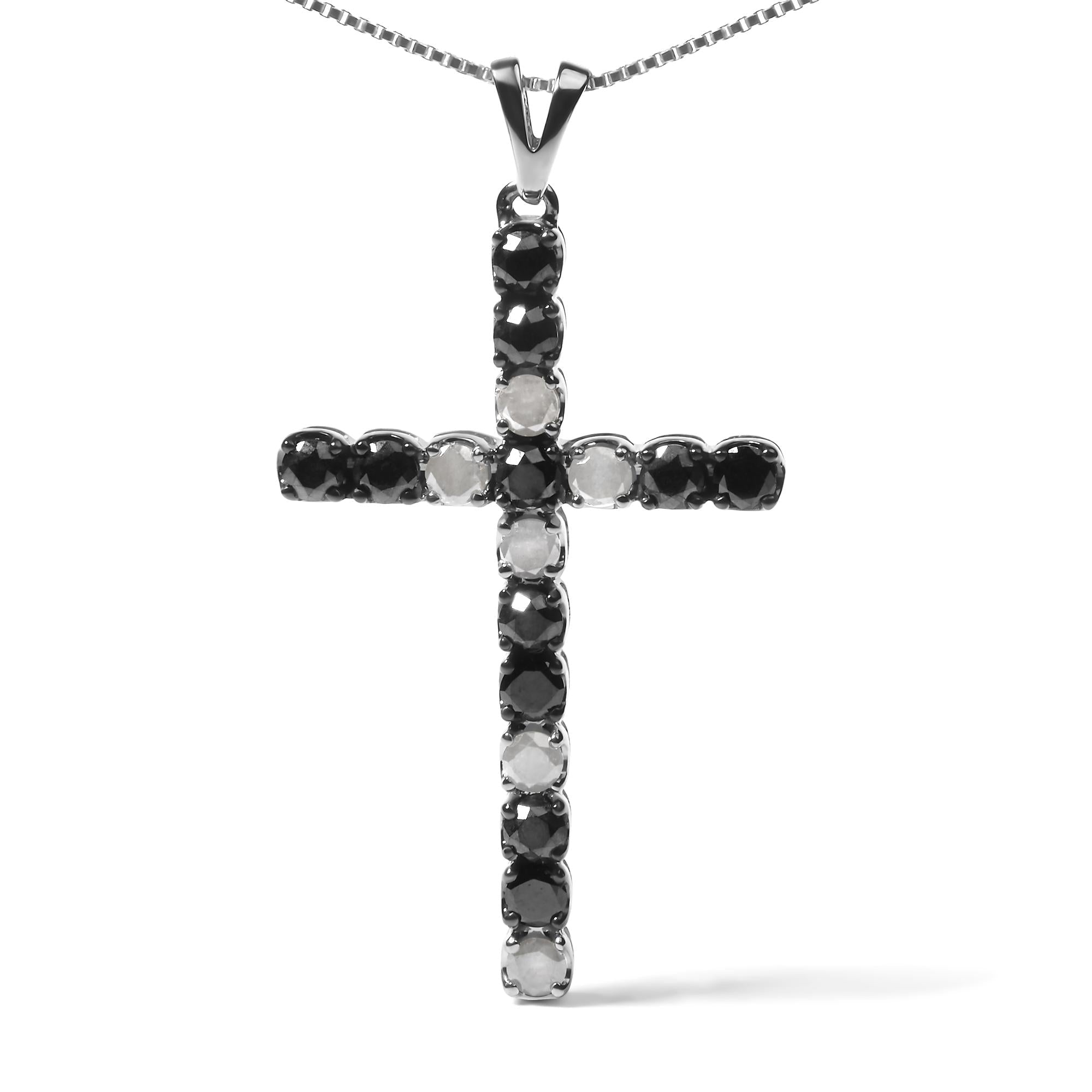 .925 Sterling Silver 2.0 Cttw Prong Set Round Natural Treated Black and White Diamond Cross Pendant Necklace - 18" (Black/H-I Color, I3 Clarity) - Friggin Jewelry