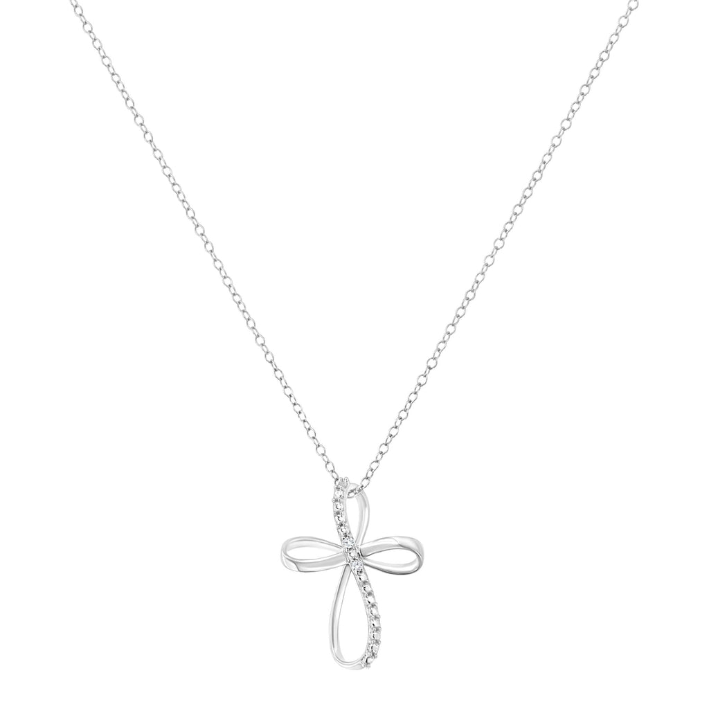 .925 Sterling Silver Diamond Accent Cross Ribbon 18" Pendant Necklace (I-J Color, I2-I3 Clarity) - Friggin Jewelry