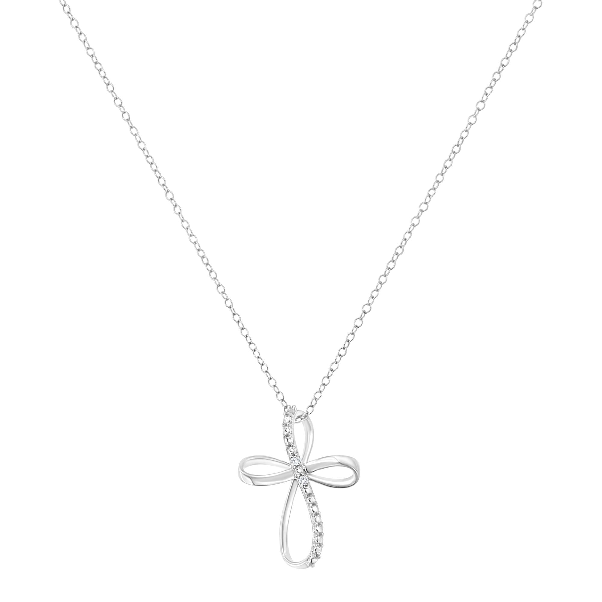 .925 Sterling Silver Diamond Accent Cross Ribbon 18" Pendant Necklace (I-J Color, I2-I3 Clarity) - Friggin Jewelry