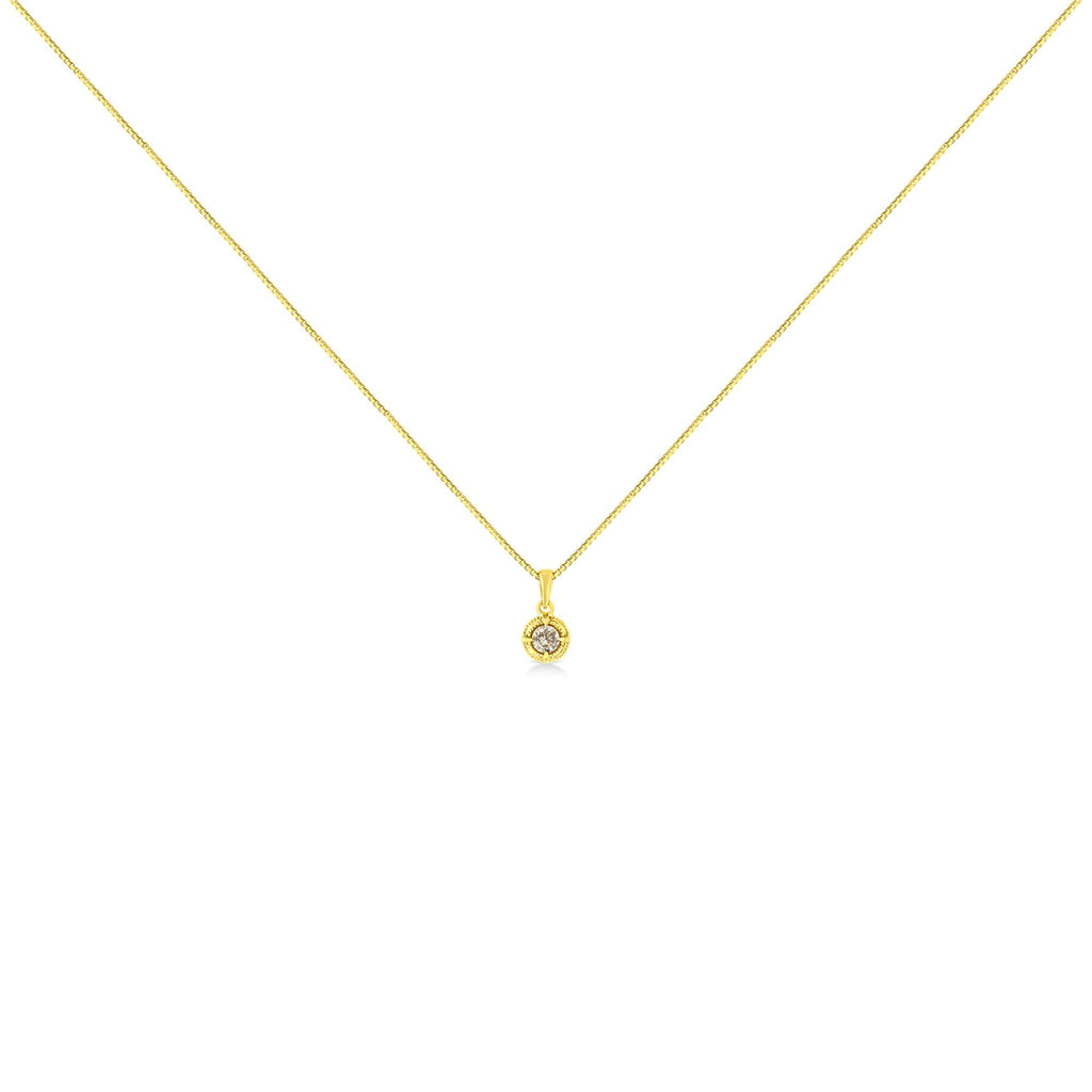 14K Yellow Gold Plated .925 Sterling Silver Brilliant Round Cut Diamond Solitaire Milgrain 18" Pendant Necklace - Friggin Jewelry