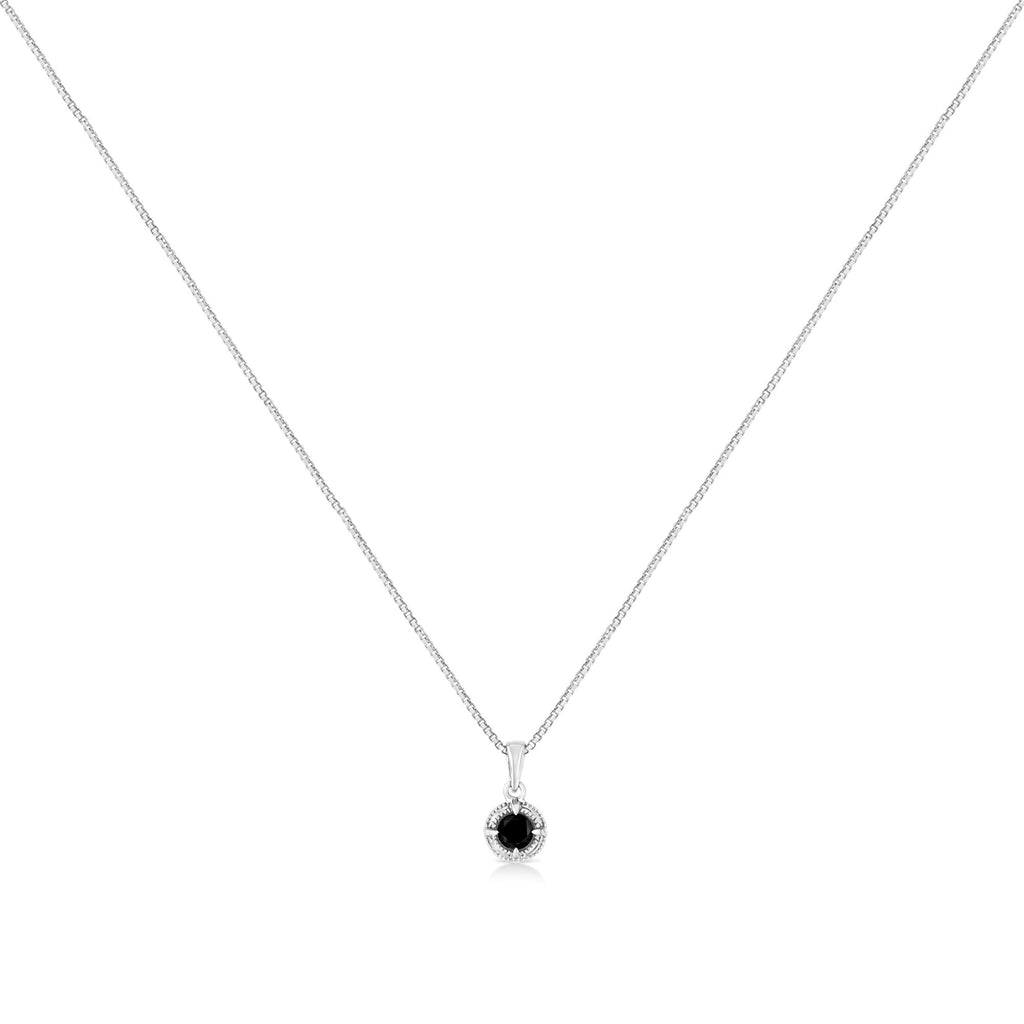 .925 Sterling Silver Treated Color Diamond Solitaire 18" Milgrain Pendant Necklace - Friggin Jewelry
