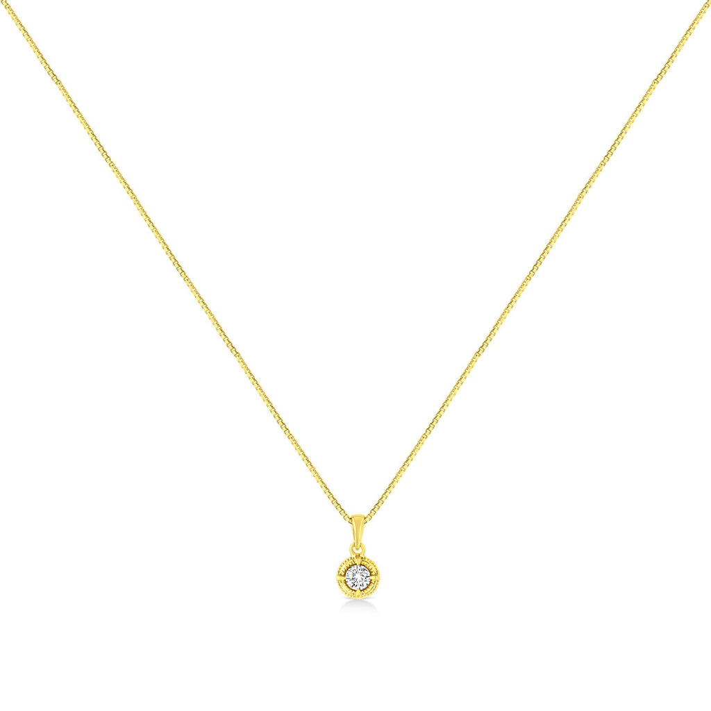 14K Yellow Gold Plated .925 Sterling Silver Brilliant Round Cut Diamond Solitaire Milgrain 18" Pendant Necklace - Friggin Jewelry